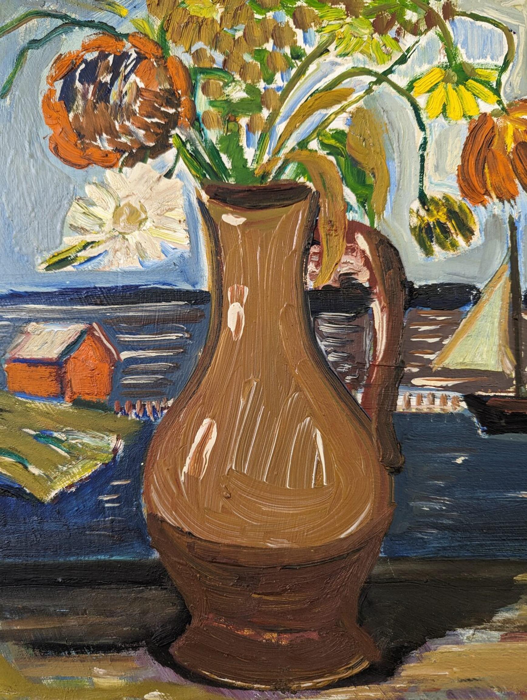 Vintage Mid-Century Expressionist Framed Oil Painting - Sail Boats & Flowers For Sale 4