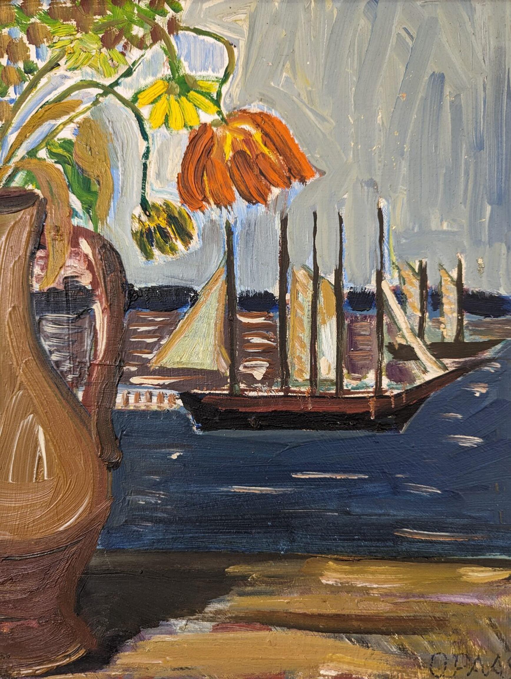 Vintage Mid-Century Expressionist Framed Oil Painting - Sail Boats & Flowers For Sale 5