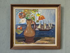 Vintage Mid-Century Expressionist Framed Oil Painting - Sail Boats & Flowers