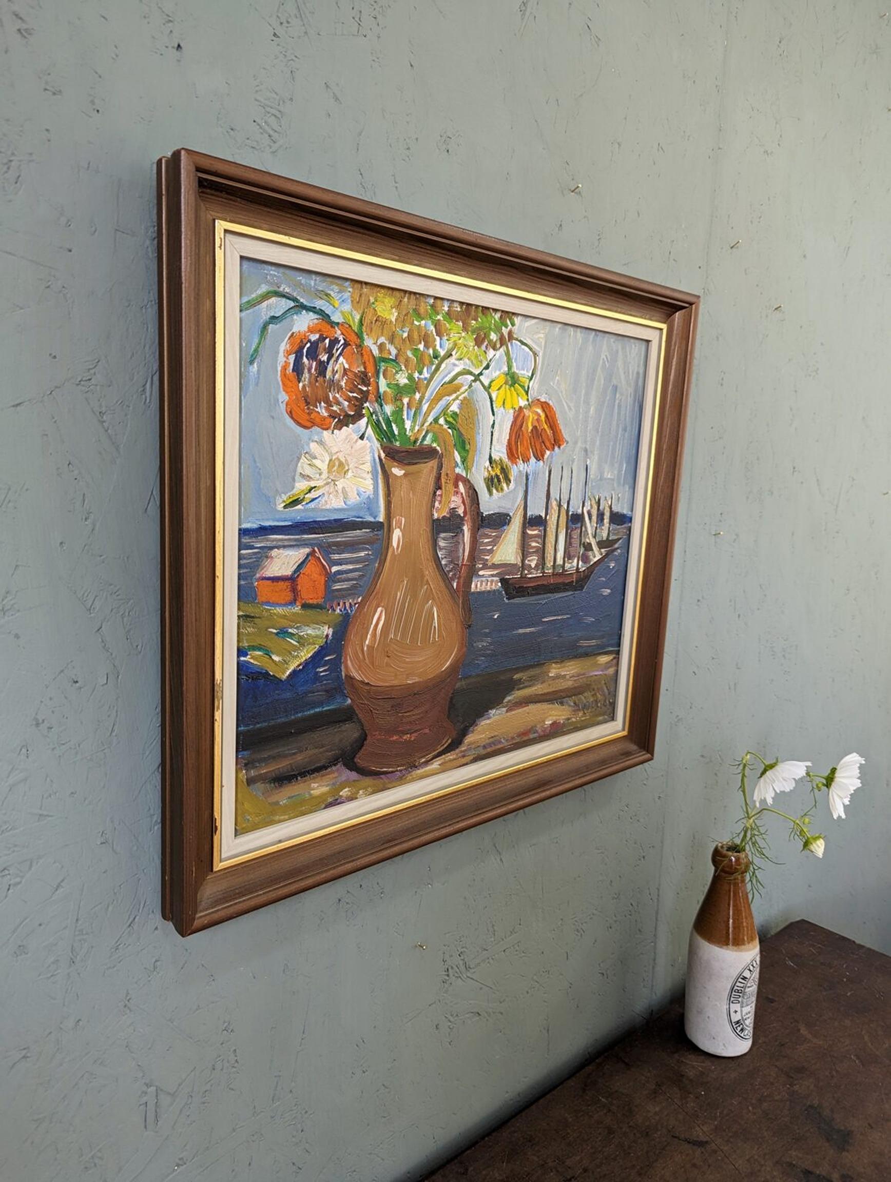 Vintage Mid-Century Expressionist Framed Oil Painting - Sail Boats & Flowers For Sale 1