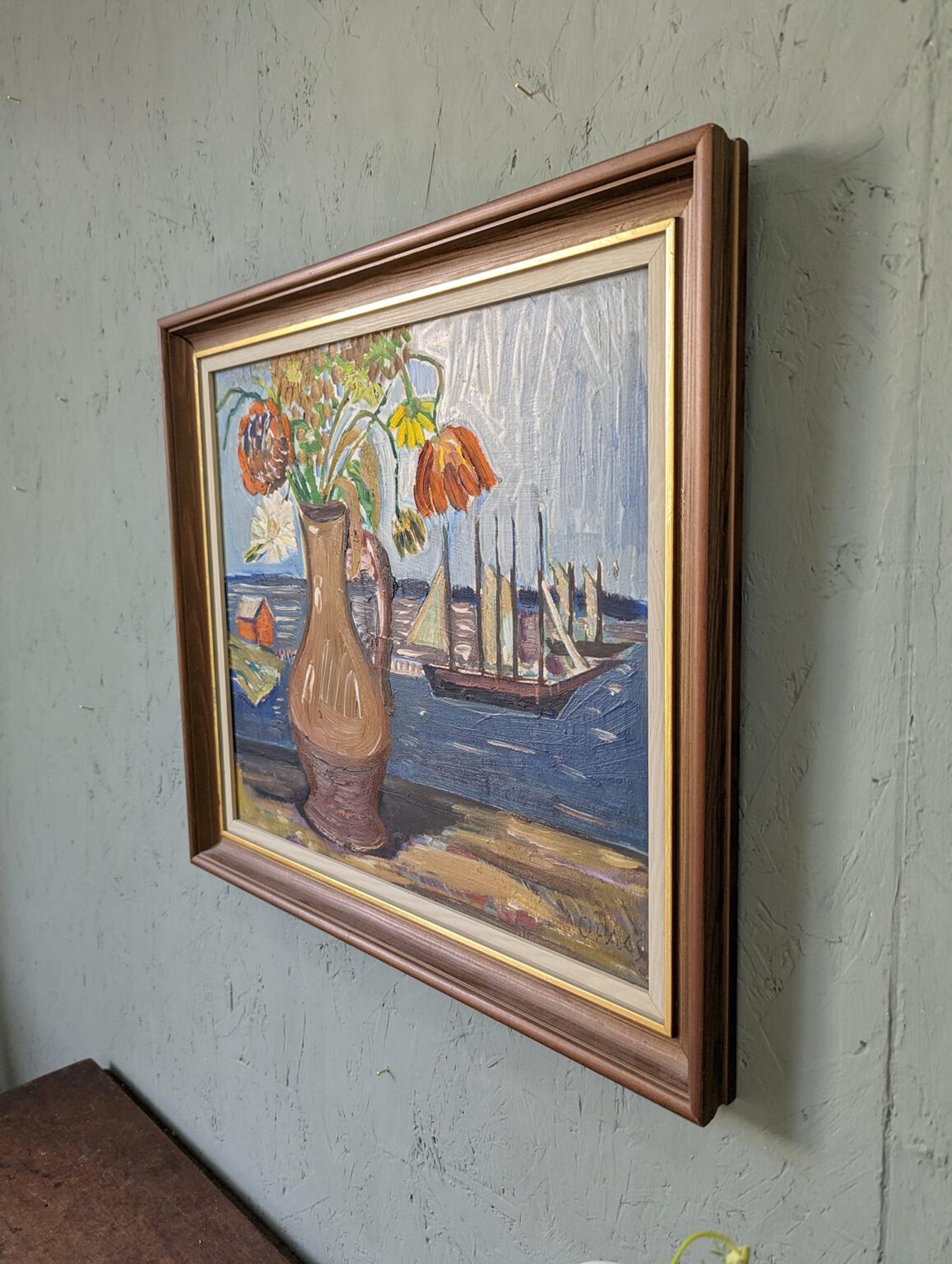 Vintage Mid-Century Expressionist Framed Oil Painting - Sail Boats & Flowers For Sale 2