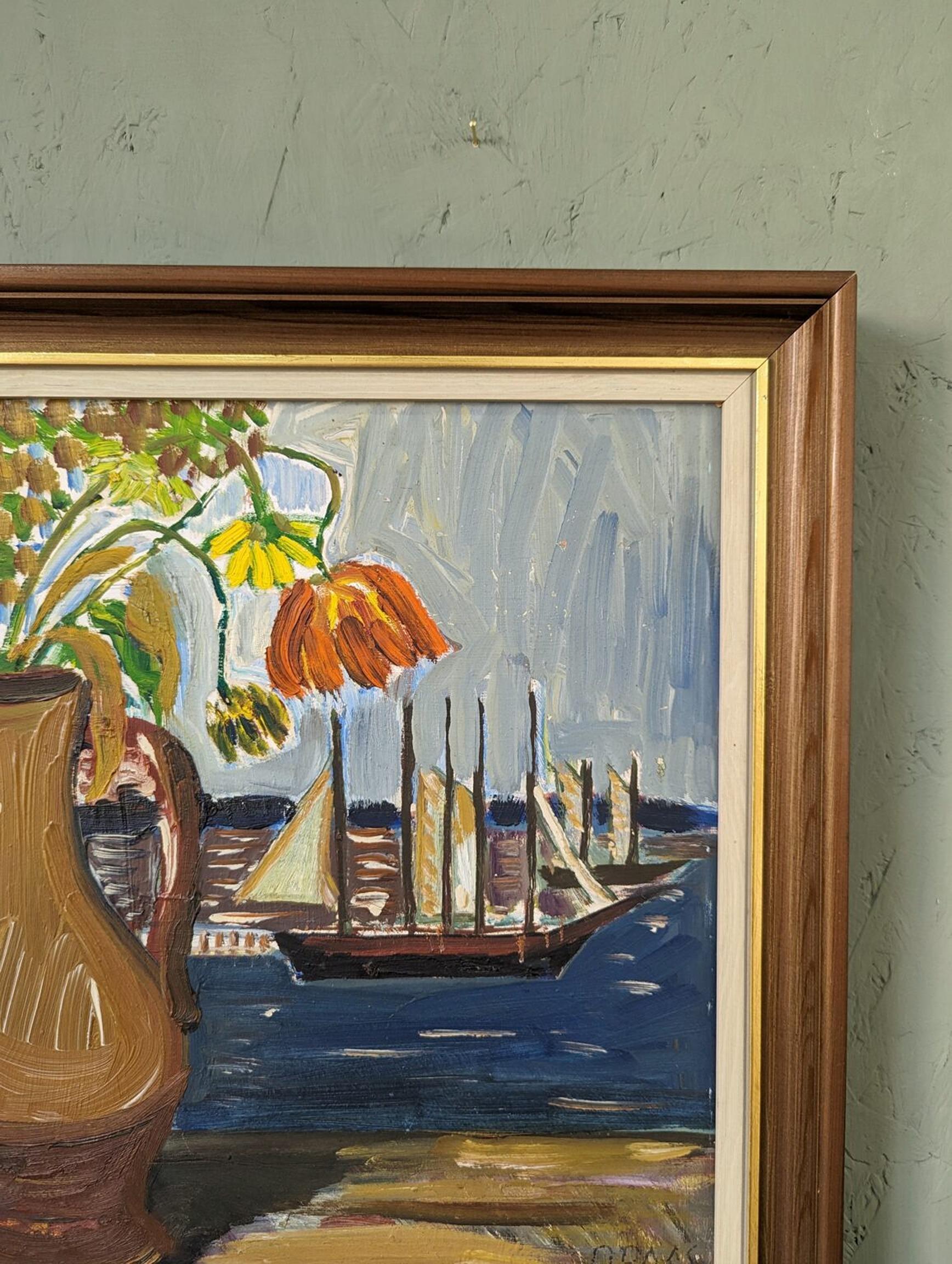 Vintage Mid-Century Expressionist Framed Oil Painting - Sail Boats & Flowers For Sale 4