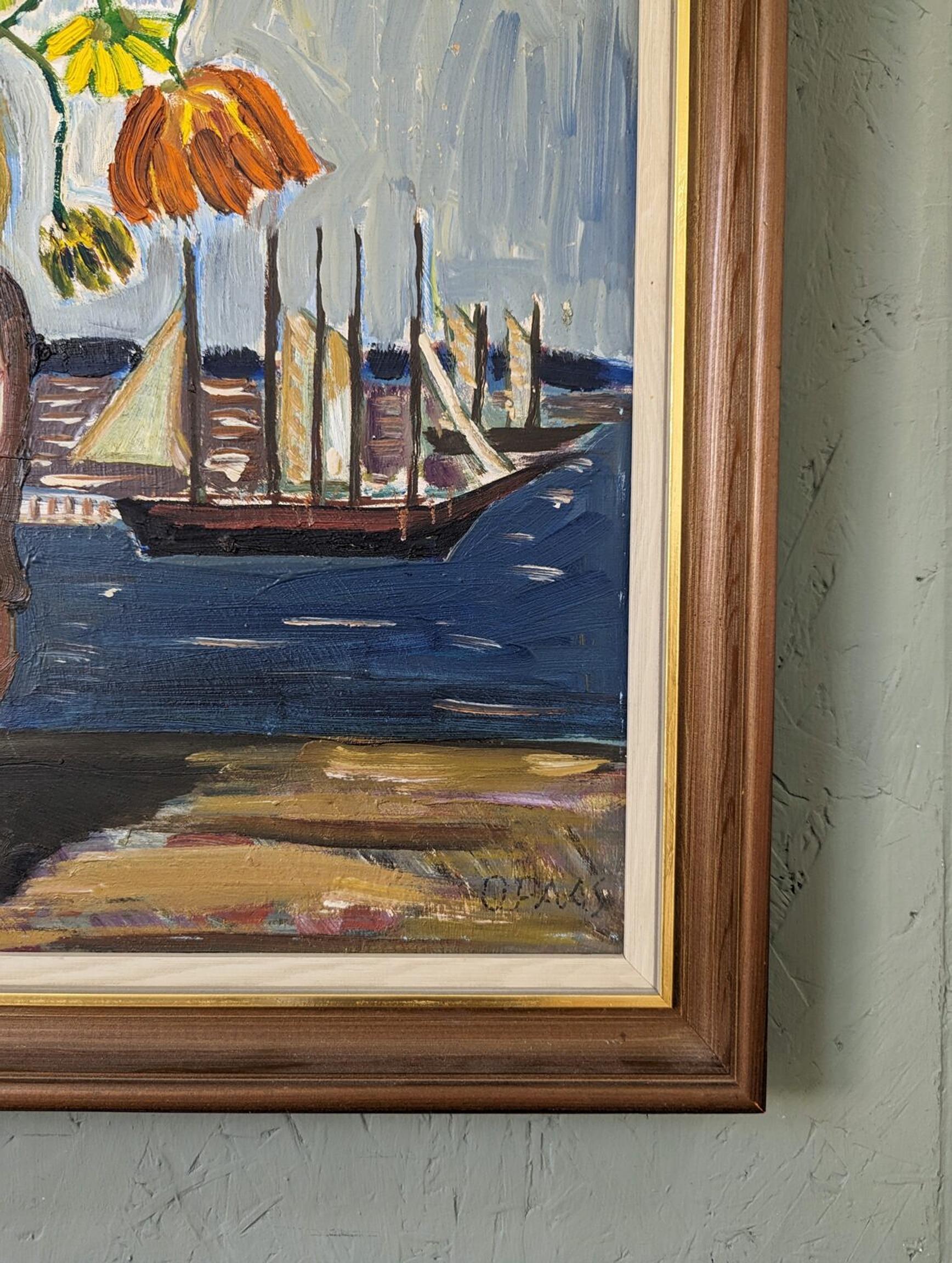 Vintage Mid-Century Expressionist Framed Oil Painting - Sail Boats & Flowers For Sale 5