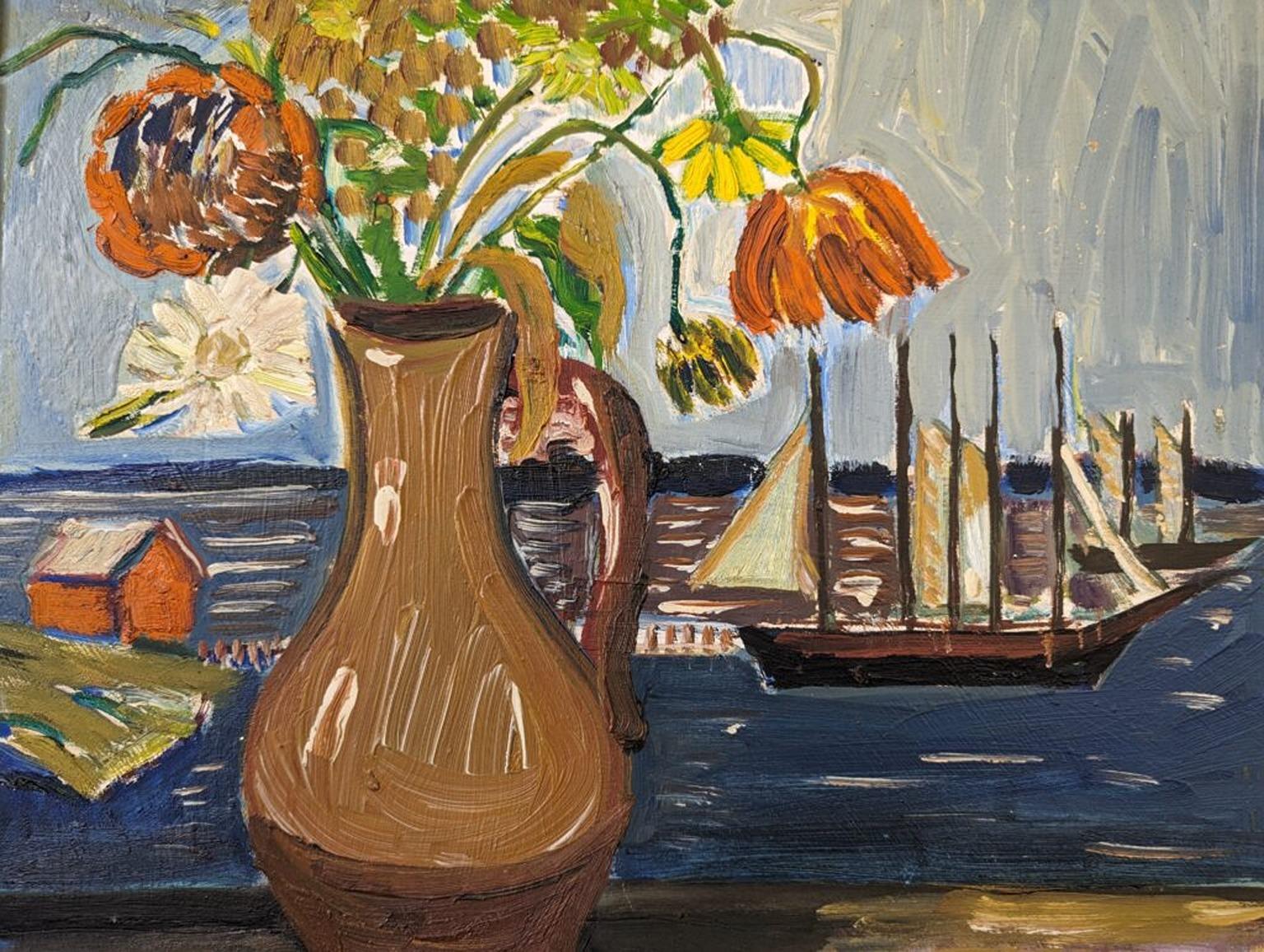 Vintage Mid-Century Expressionist Framed Oil Painting - Sail Boats & Flowers For Sale 6
