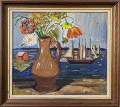 Peinture à l'huile vintage encadrée expressionniste du milieu du siècle dernier - Voiliers et fleurs