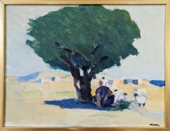 Vintage Mid-Century Expressionist Landscape Framed Oil Painting - The Shepherd
