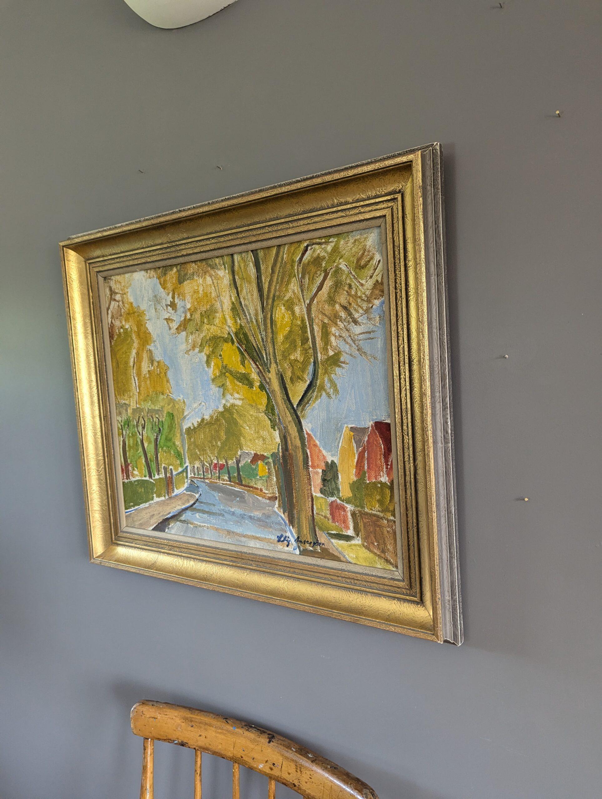 Pittura ad olio con cornice - Passeggiata d'autunno - paesaggio espressivo della metà del secolo scorso - Landscape Painting Marrone di Unknown