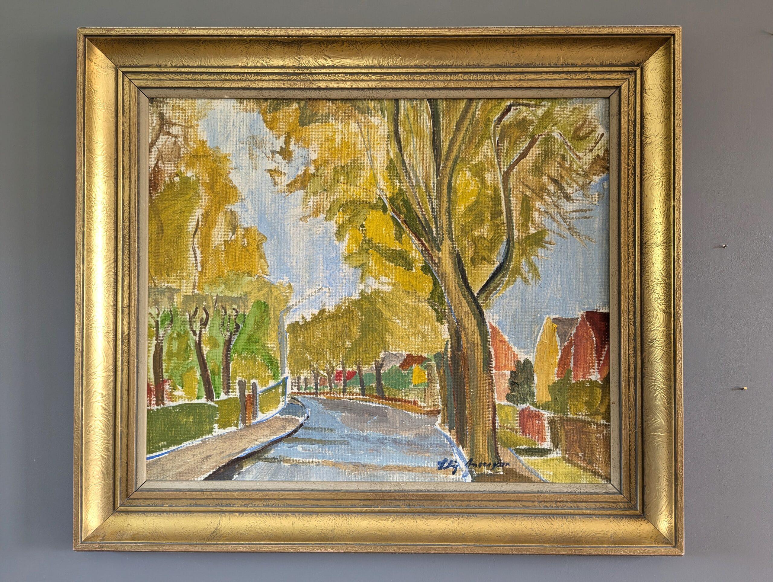 Pittura ad olio con cornice - Passeggiata d'autunno - paesaggio espressivo della metà del secolo scorso 2