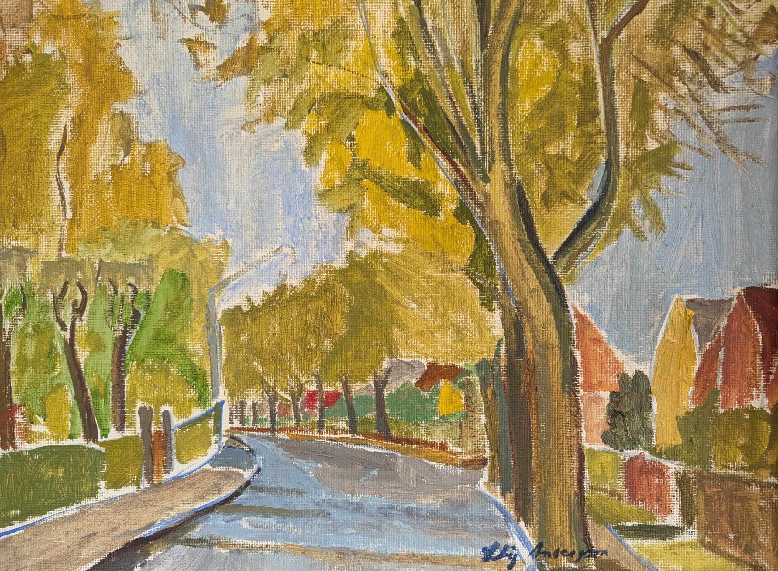 Pittura ad olio con cornice - Passeggiata d'autunno - paesaggio espressivo della metà del secolo scorso 3