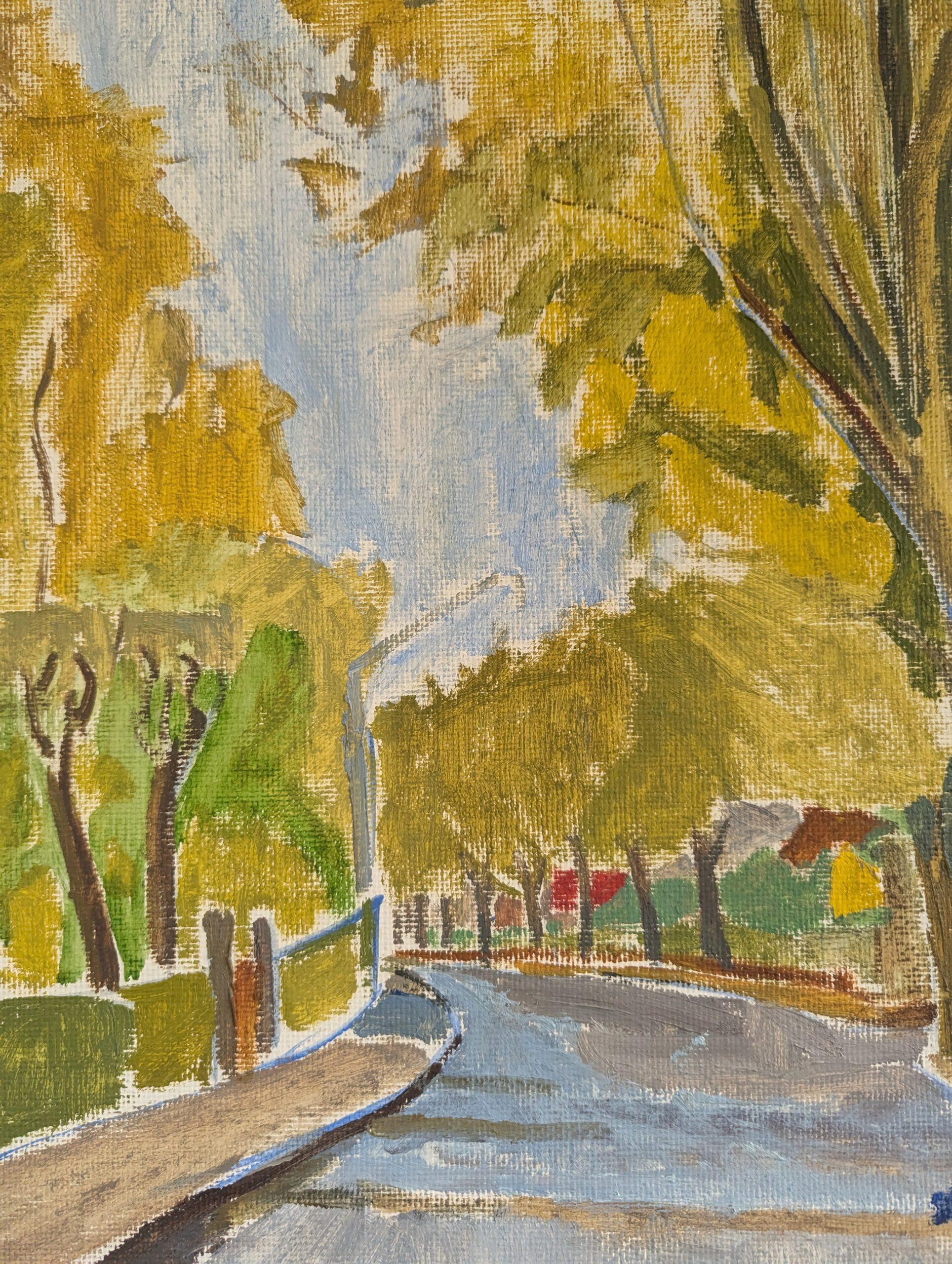 Pittura ad olio con cornice - Passeggiata d'autunno - paesaggio espressivo della metà del secolo scorso 4