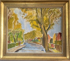 Pittura ad olio con cornice - Passeggiata d'autunno - paesaggio espressivo della metà del secolo scorso