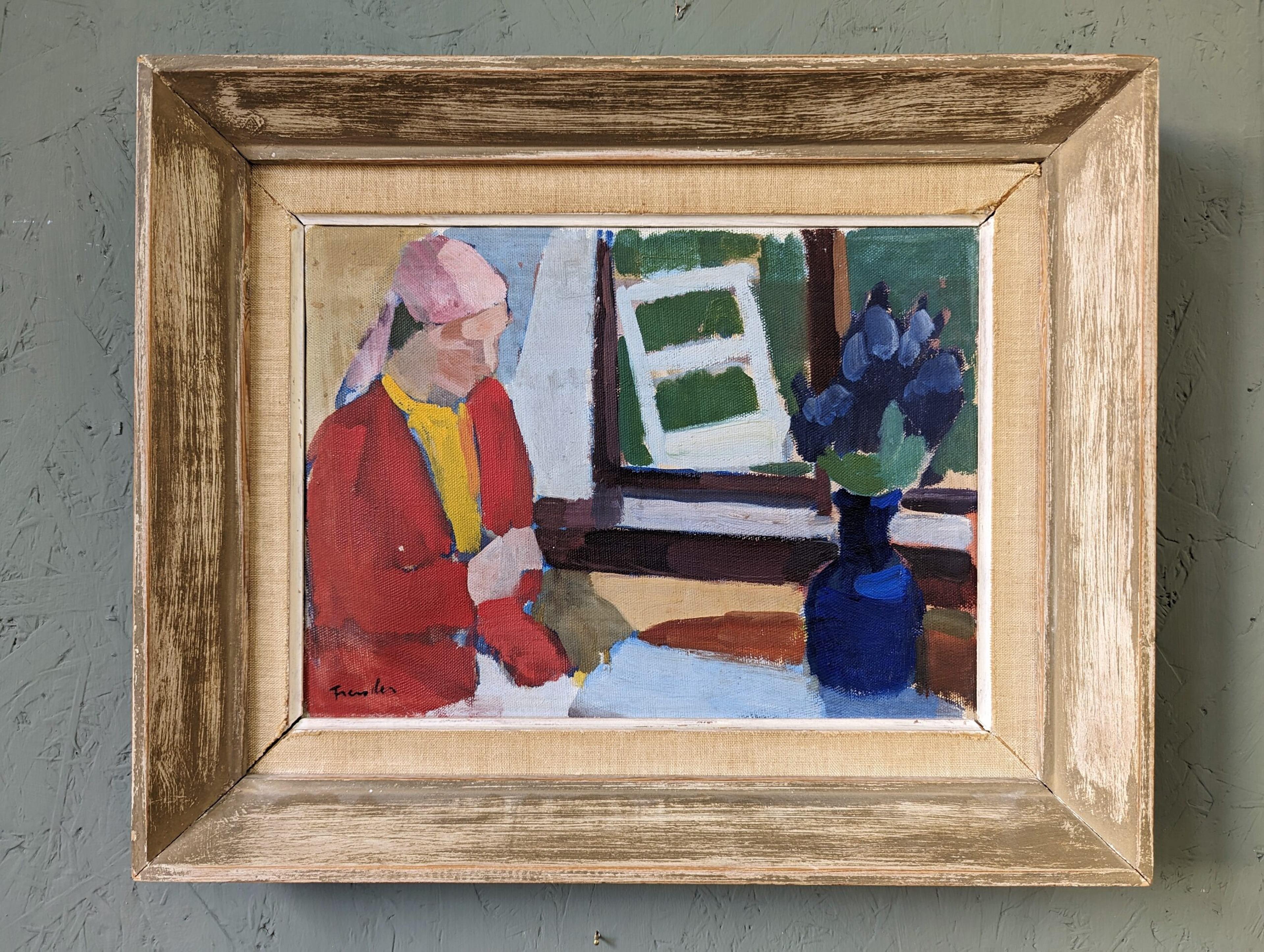 WINDOW SEAT
Size: 36 x 44.5 cm (including frame)
Oil on Canvas

A visually striking and soothing mid-century modernist style oil composition, executed in oil onto canvas.

The scene is set within an interior setting, where a female figure is seated