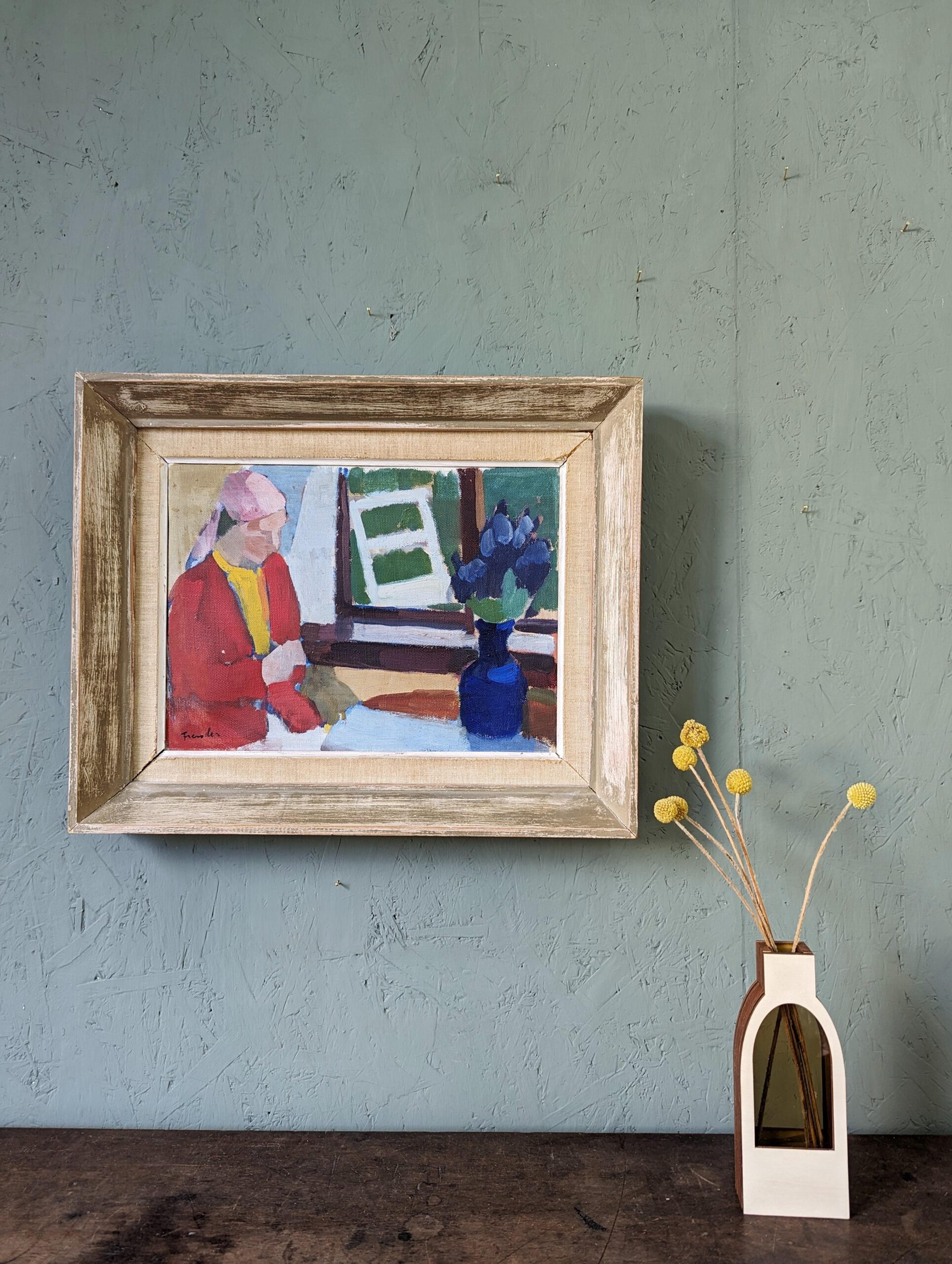 Peinture à l'huile vintage d'intérieur encadrée figurative du milieu du siècle dernier - Siège de fenêtre - Moderne Painting par Unknown