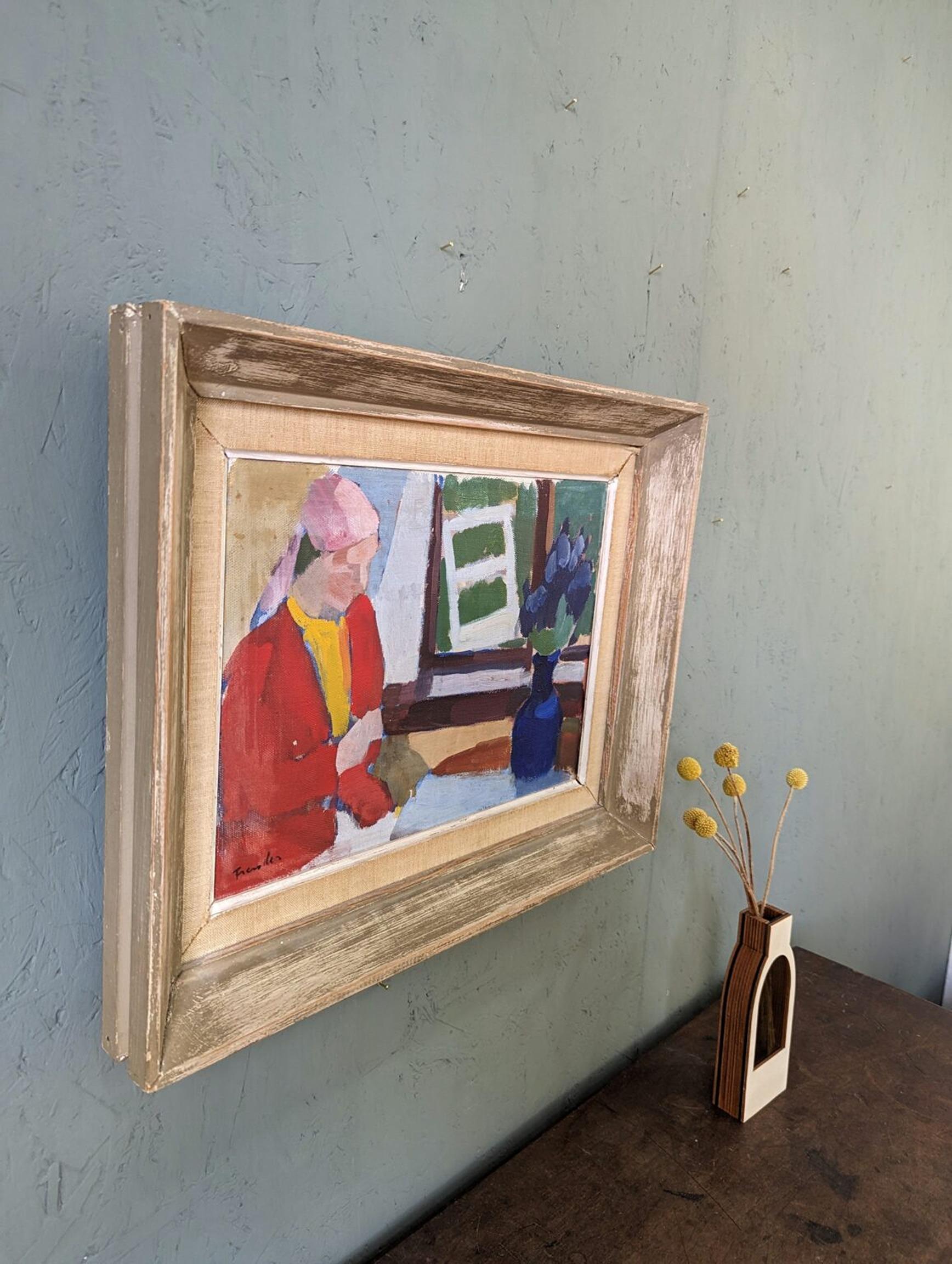 Vintage Mid-Century Figurative Interior Framed Oil Painting - Window Seat For Sale 2