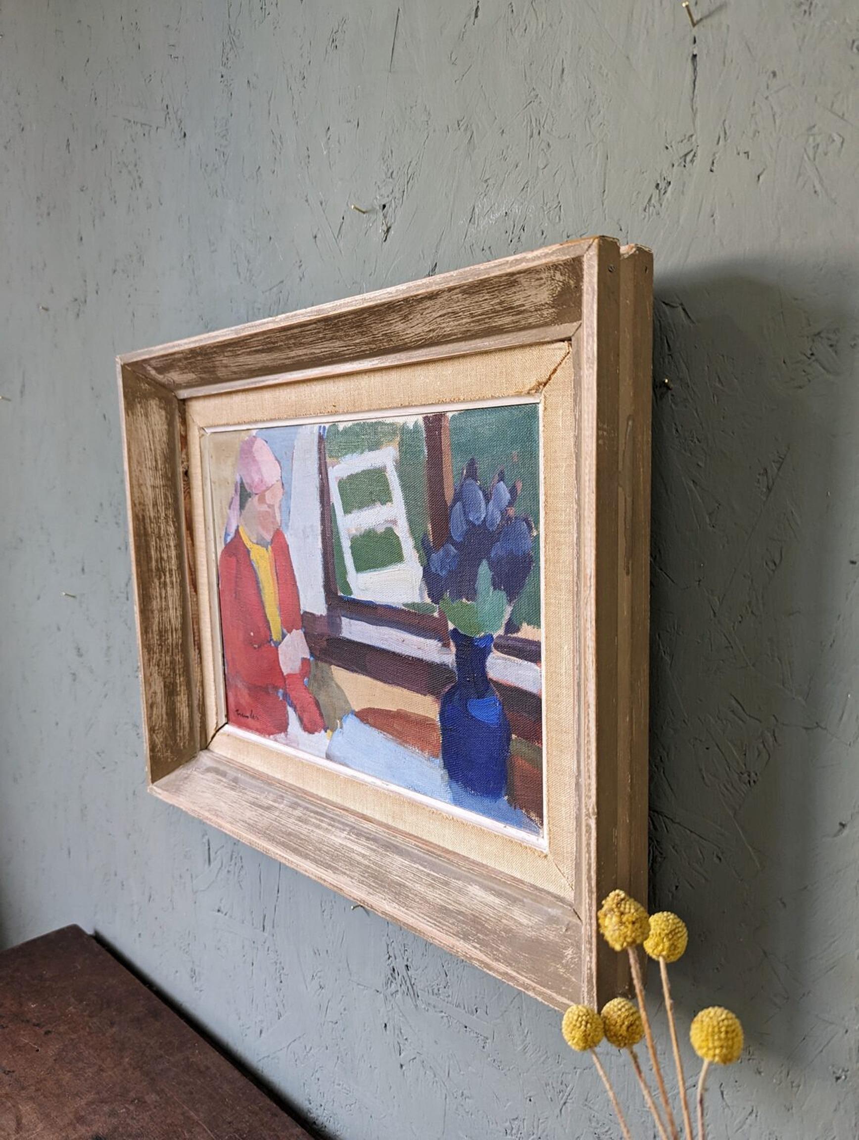 Peinture à l'huile vintage d'intérieur encadrée figurative du milieu du siècle dernier - Siège de fenêtre en vente 1