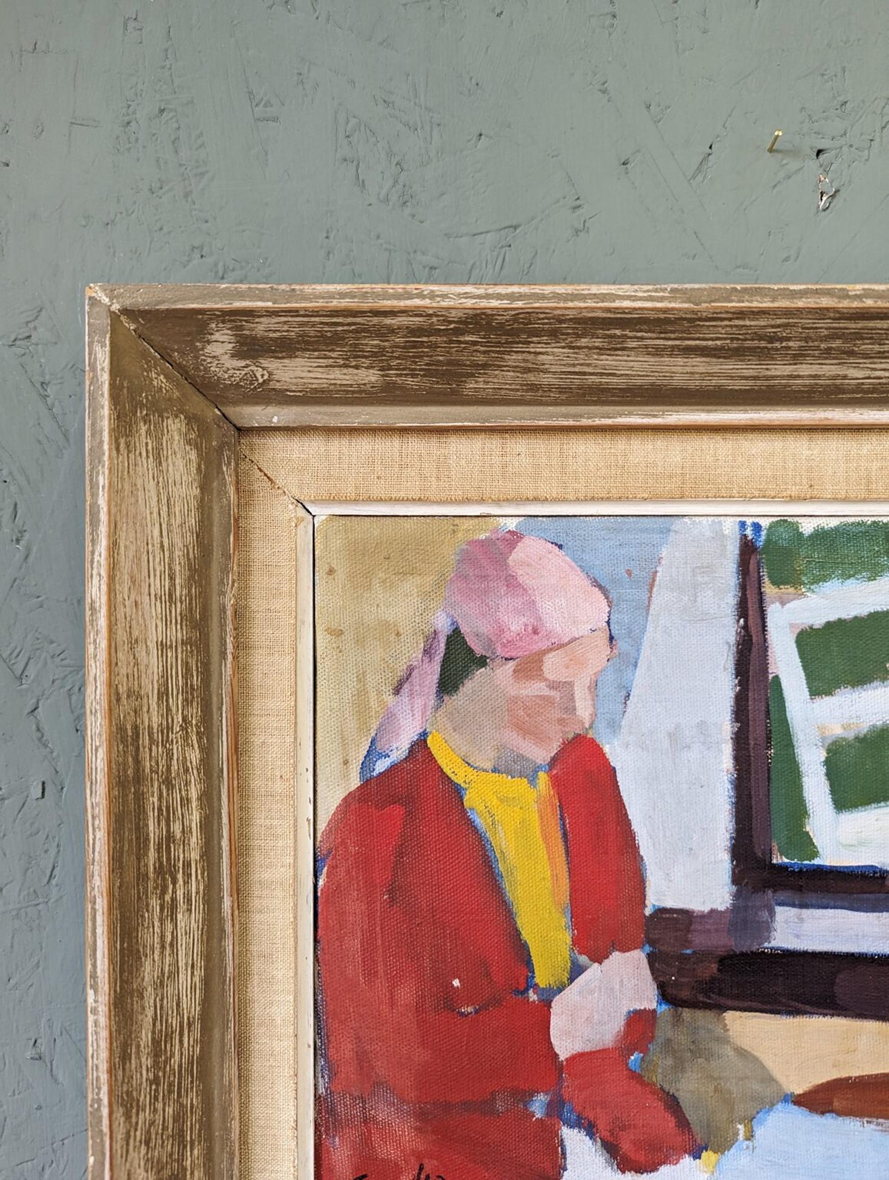 Peinture à l'huile vintage d'intérieur encadrée figurative du milieu du siècle dernier - Siège de fenêtre en vente 2