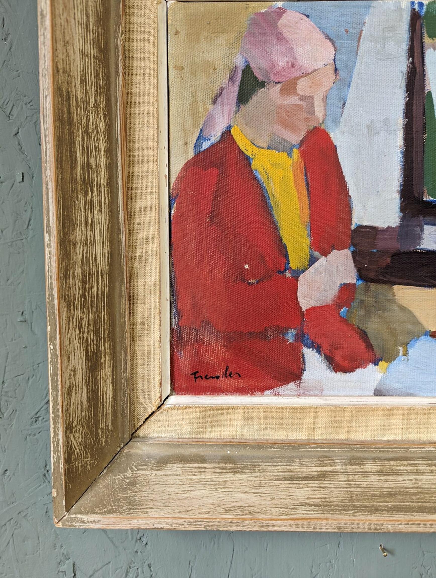 Peinture à l'huile vintage d'intérieur encadrée figurative du milieu du siècle dernier - Siège de fenêtre en vente 3