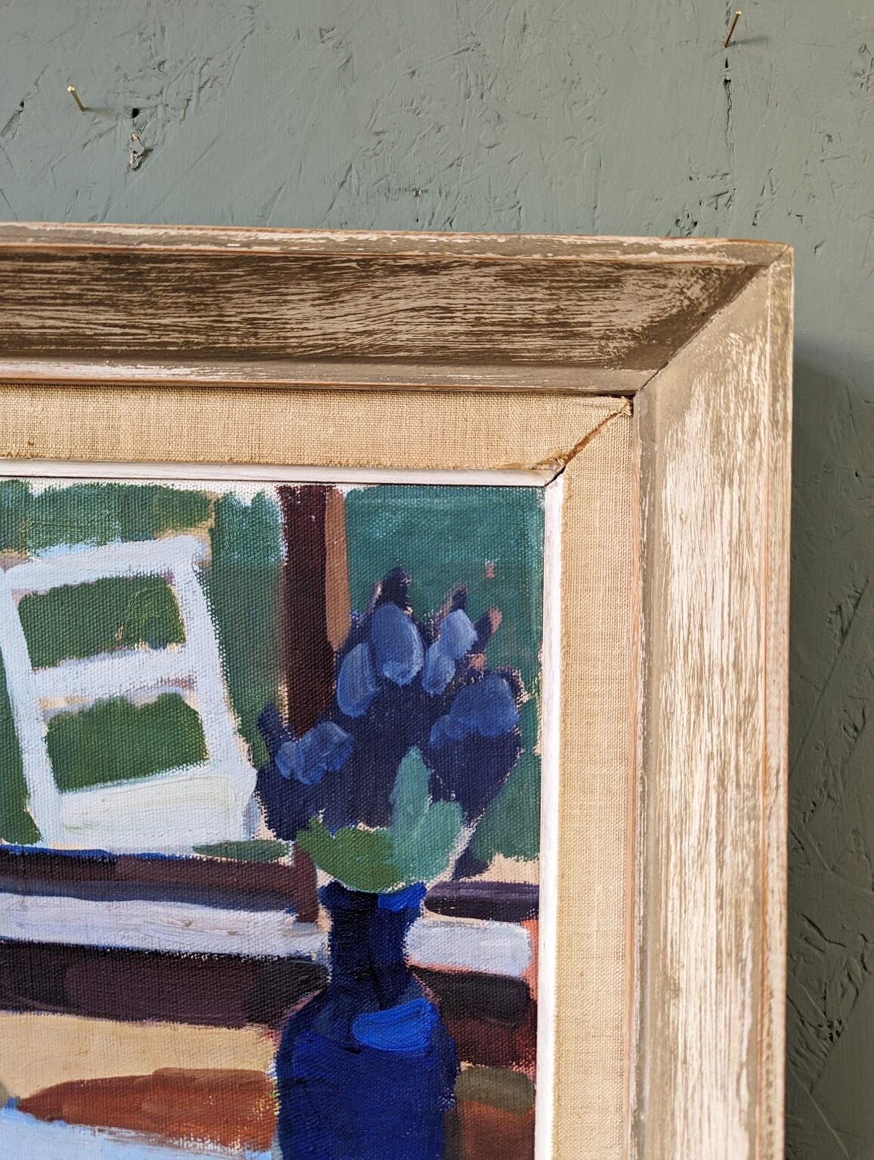 Peinture à l'huile vintage d'intérieur encadrée figurative du milieu du siècle dernier - Siège de fenêtre en vente 4