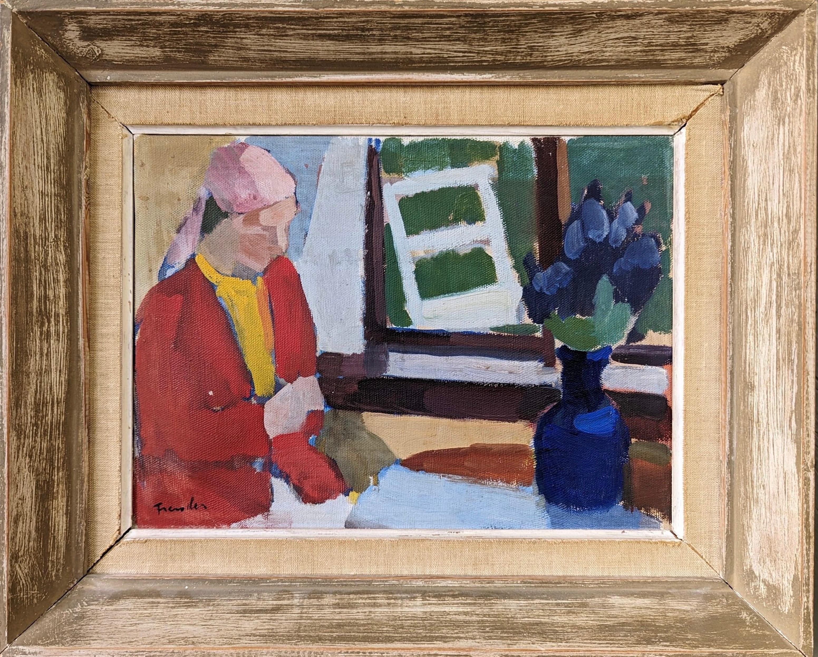 Still-Life Painting Unknown - Peinture à l'huile vintage d'intérieur encadrée figurative du milieu du siècle dernier - Siège de fenêtre