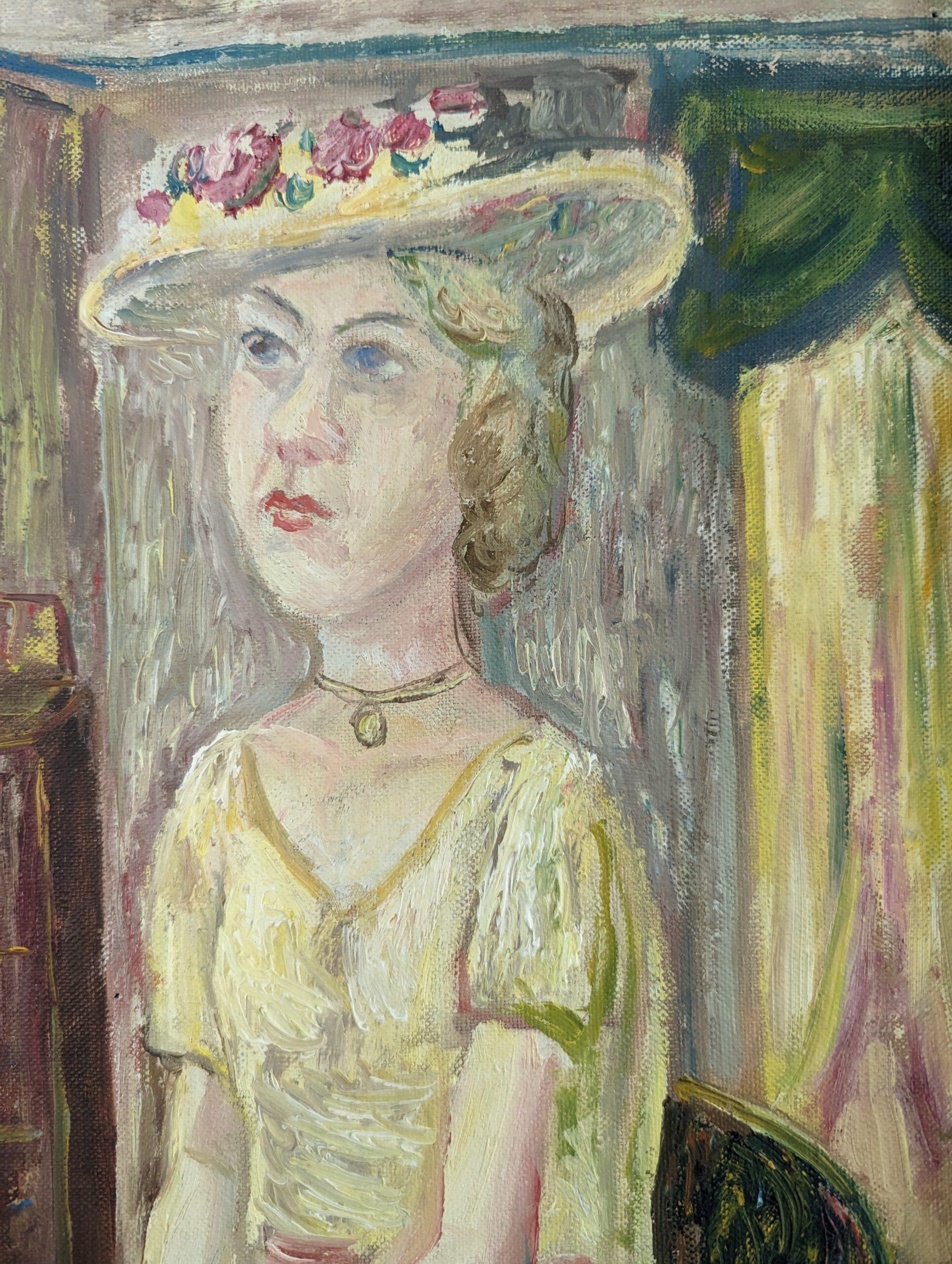 Pintura al óleo figurativa vintage de mediados de siglo para interiores - Dama de amarillo en venta 5