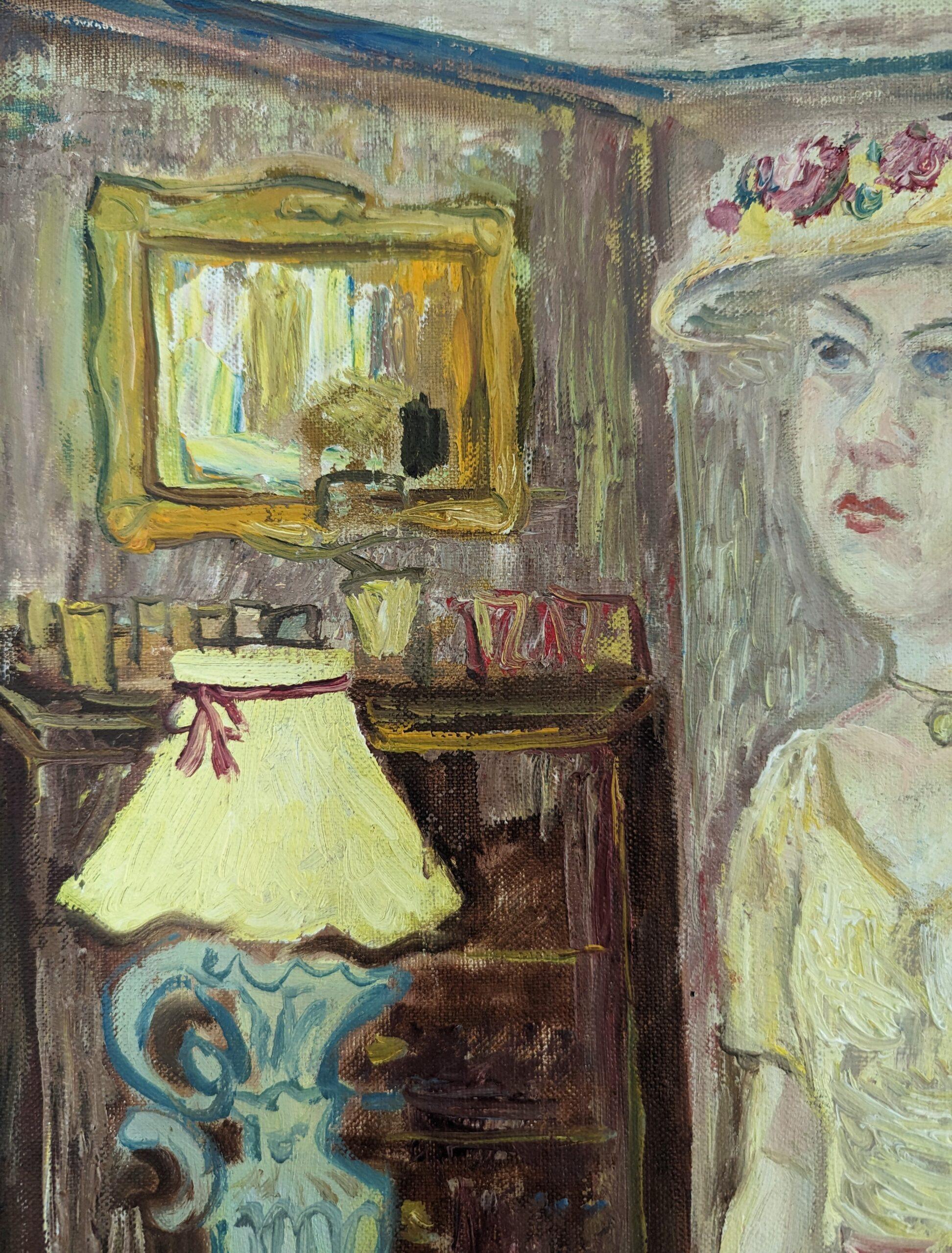 Pintura al óleo figurativa vintage de mediados de siglo para interiores - Dama de amarillo en venta 6
