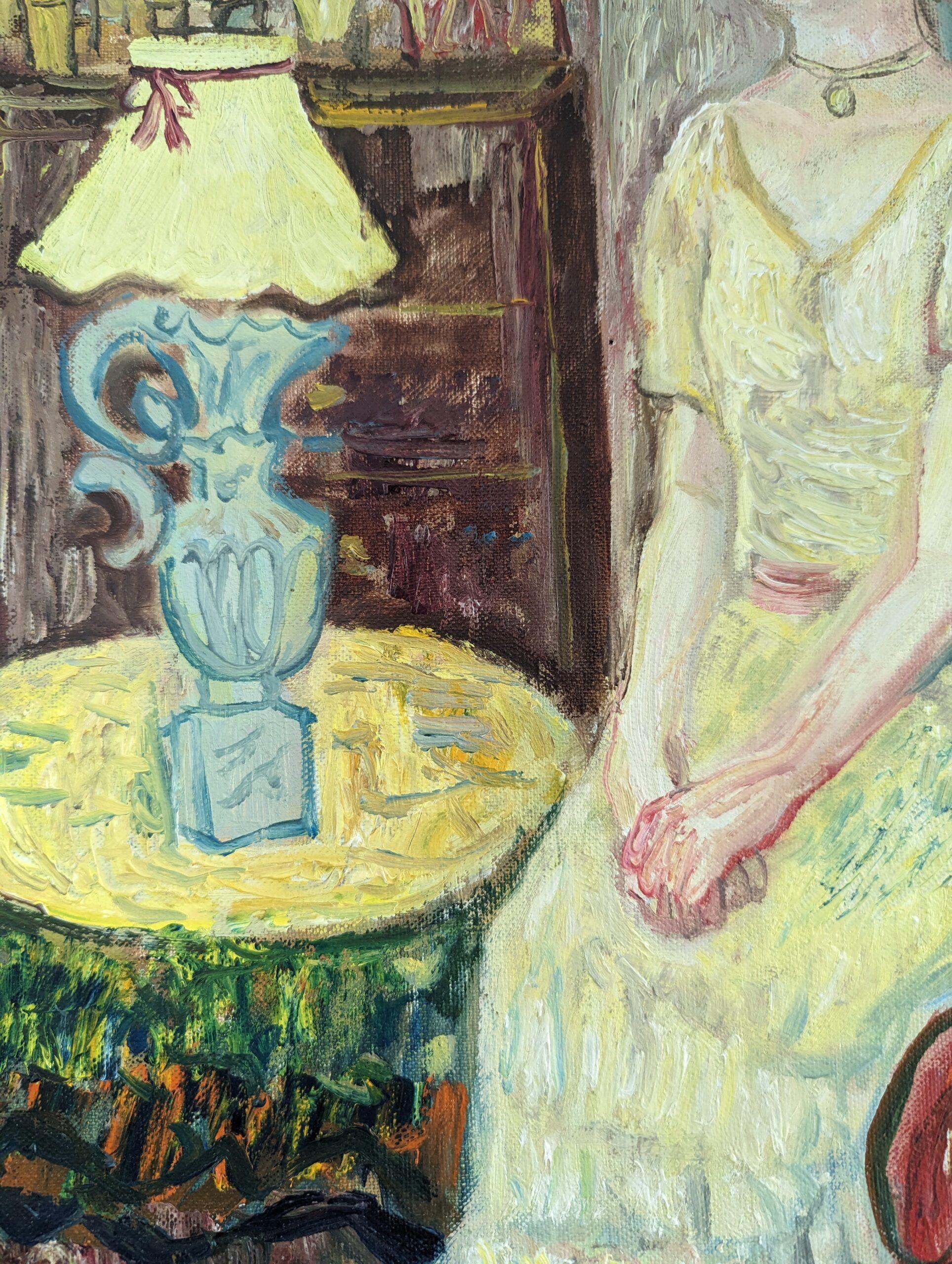 Pintura al óleo figurativa vintage de mediados de siglo para interiores - Dama de amarillo en venta 7