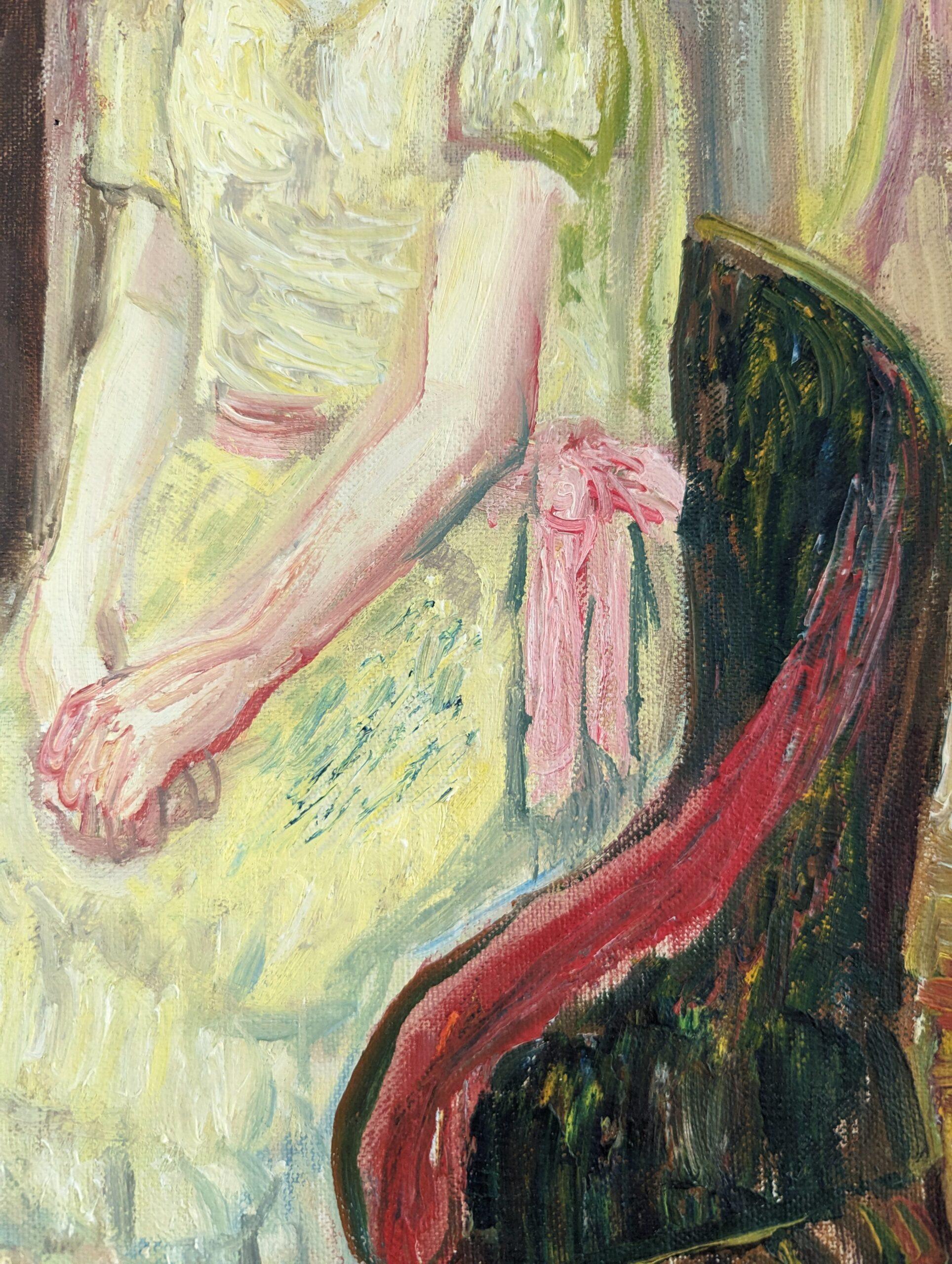 Pintura al óleo figurativa vintage de mediados de siglo para interiores - Dama de amarillo en venta 8