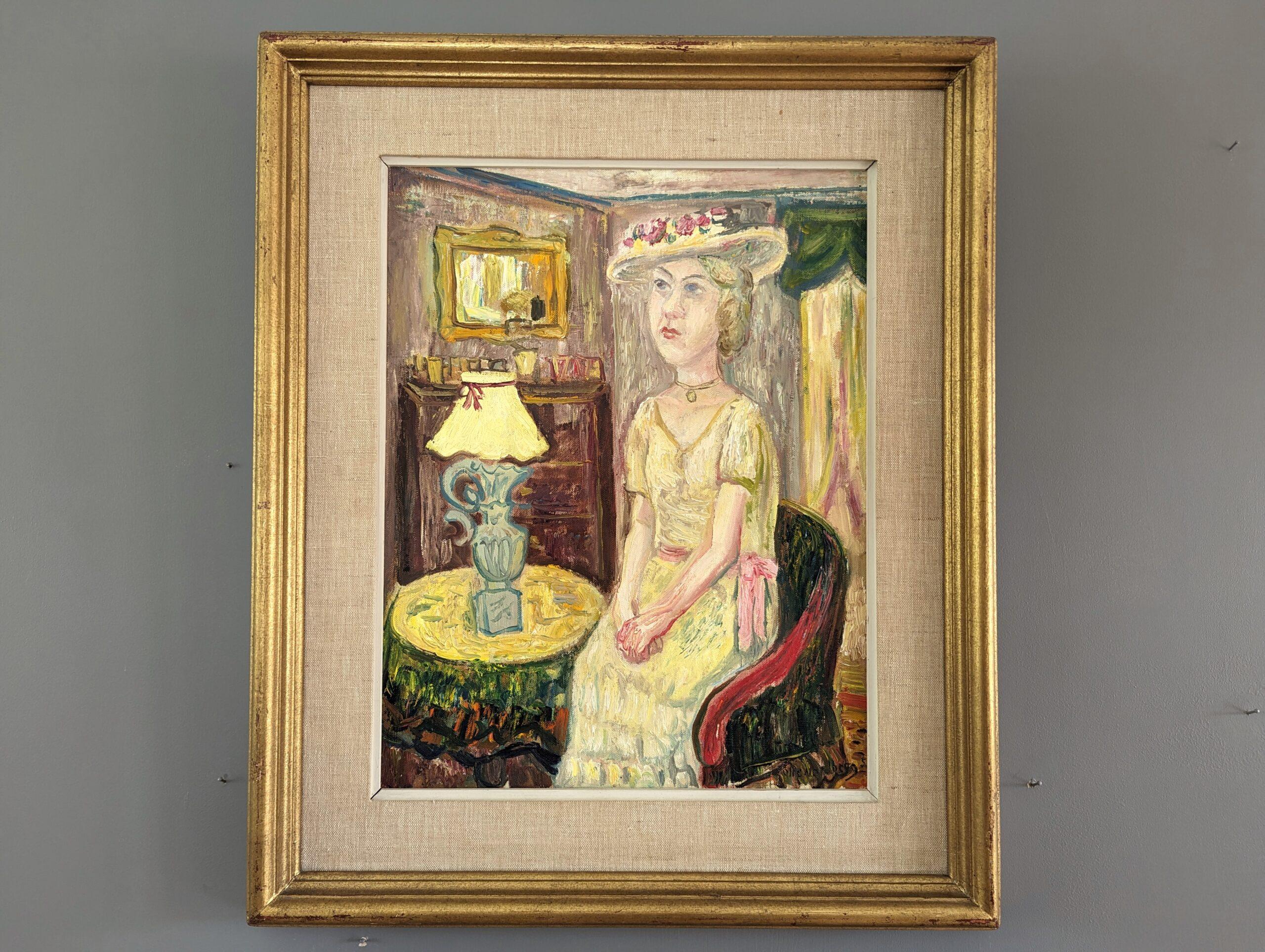 Pintura al óleo figurativa vintage de mediados de siglo para interiores - Dama de amarillo - Painting de Unknown