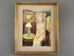 Vintage Mid-Century Figurative Interior Oil Painting - Lady in Yellow