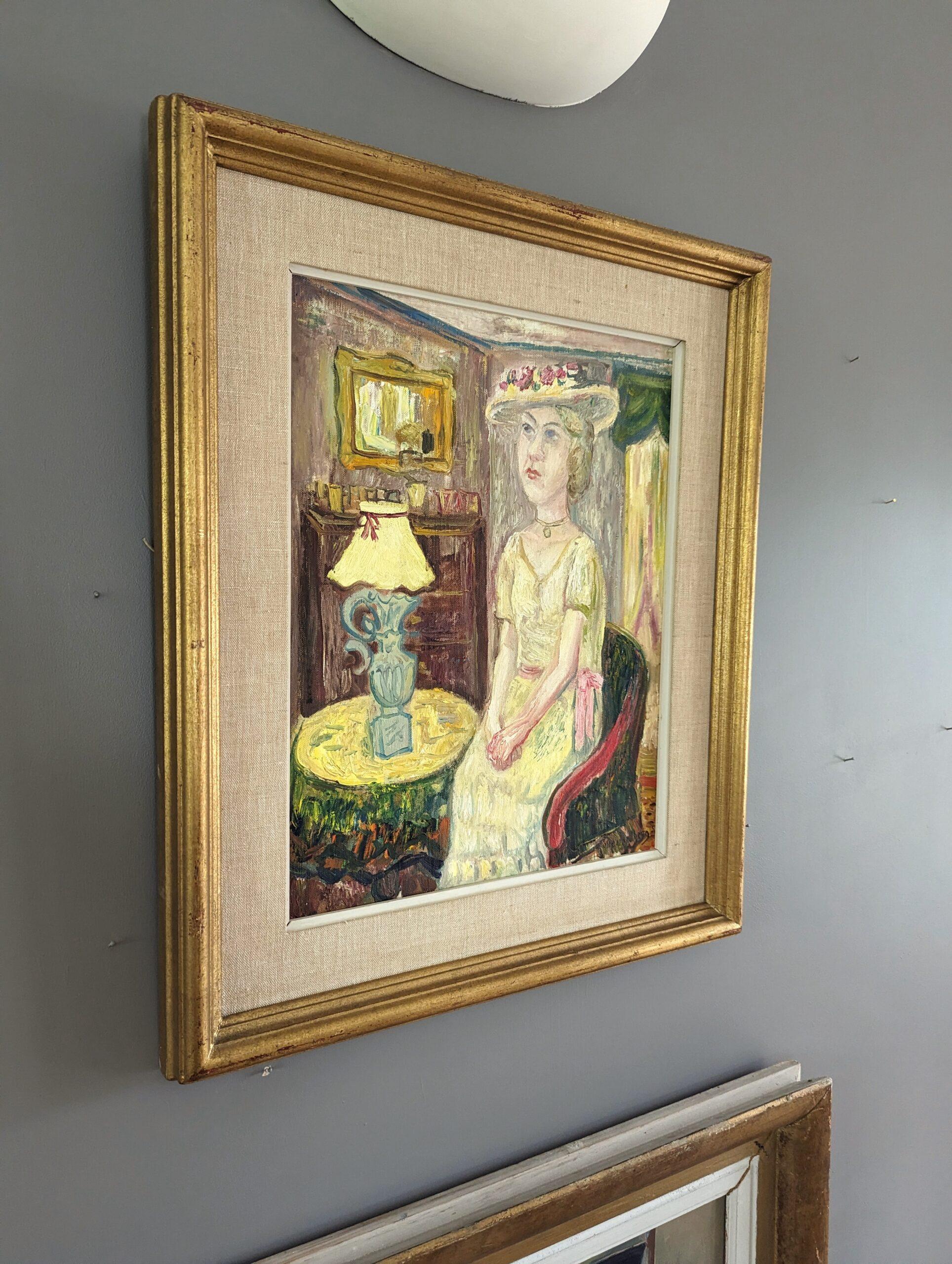 Pintura al óleo figurativa vintage de mediados de siglo para interiores - Dama de amarillo - Painting Moderno de Unknown