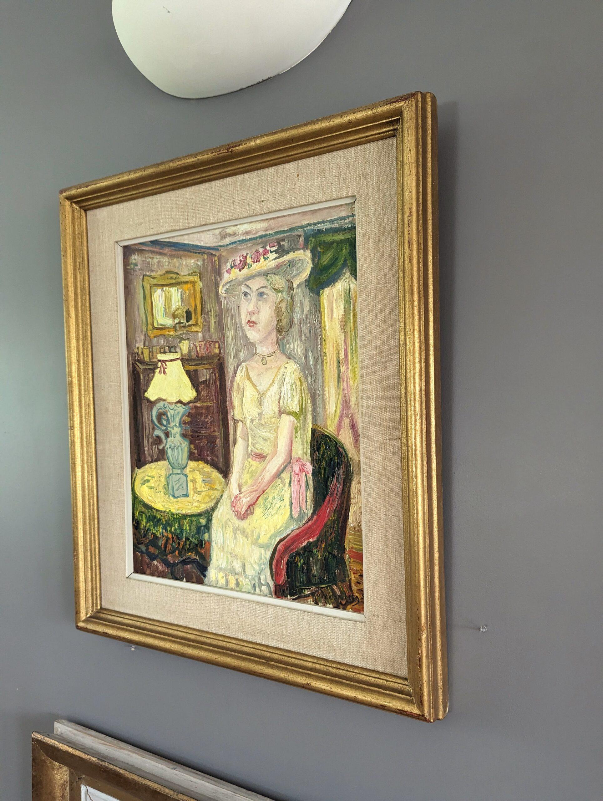 Pintura al óleo figurativa vintage de mediados de siglo para interiores - Dama de amarillo - Figurative Painting Amarillo de Unknown