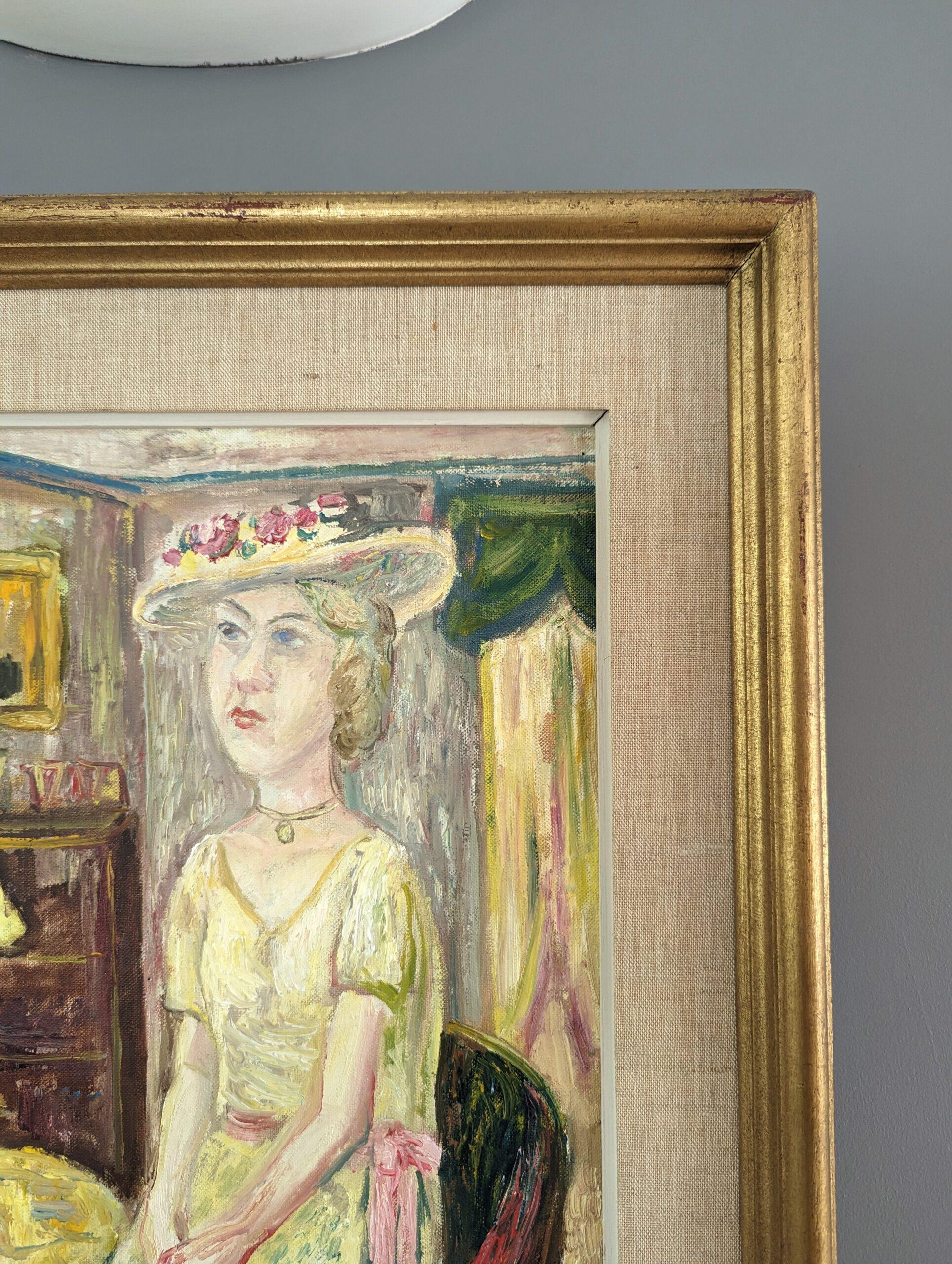 Pintura al óleo figurativa vintage de mediados de siglo para interiores - Dama de amarillo en venta 1