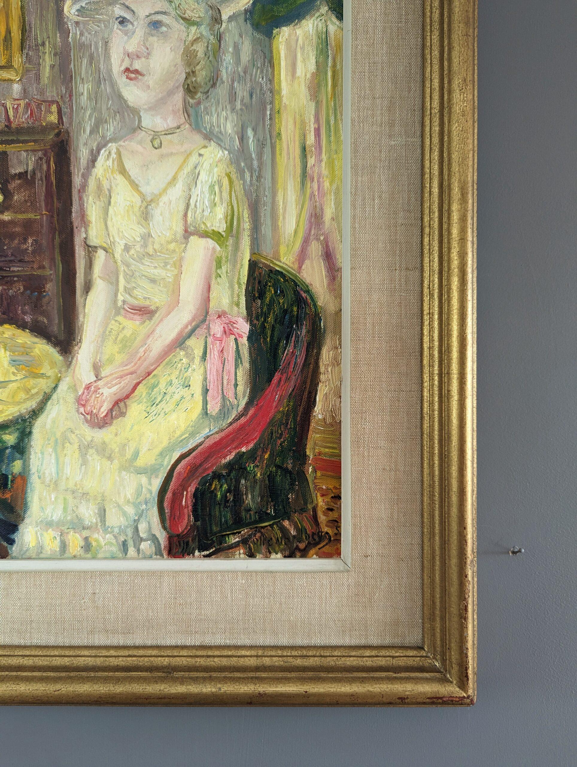Pintura al óleo figurativa vintage de mediados de siglo para interiores - Dama de amarillo en venta 2
