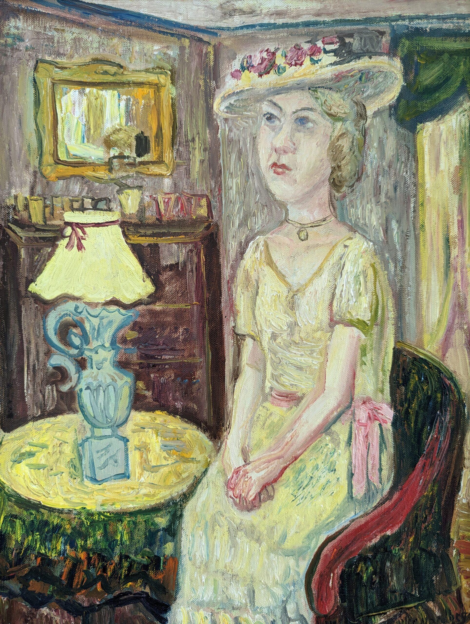 Pintura al óleo figurativa vintage de mediados de siglo para interiores - Dama de amarillo en venta 4