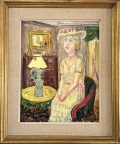 Pittura ad olio figurativa d'interni della metà del secolo scorso - Signora in giallo
