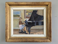 Pittura ad olio figurativa d'interni della metà del secolo scorso - Il giovane pianista