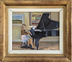 Peinture à l'huile vintage - Scène figurative d'intérieur du milieu du siècle - Le Jeune Pianiste