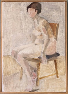 Vintage Mid-Century Figurative Nude Portrait Framed Oil Painting - Seated Study