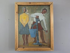 Vintage Mid-Century Figurative Oil Painting - By the Water Pump