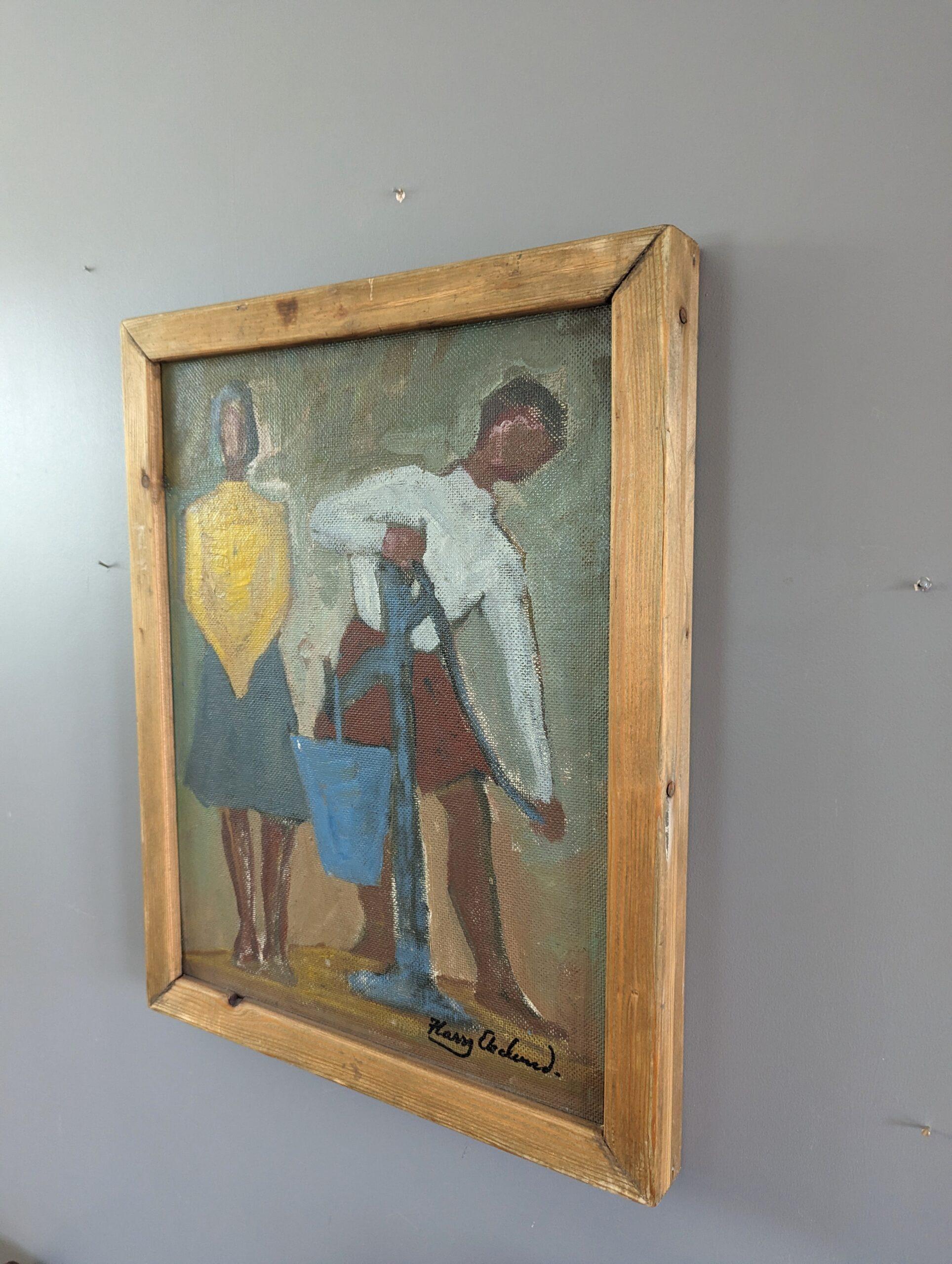 Pintura al óleo figurativa vintage de mediados de siglo - Junto a la bomba de agua 1