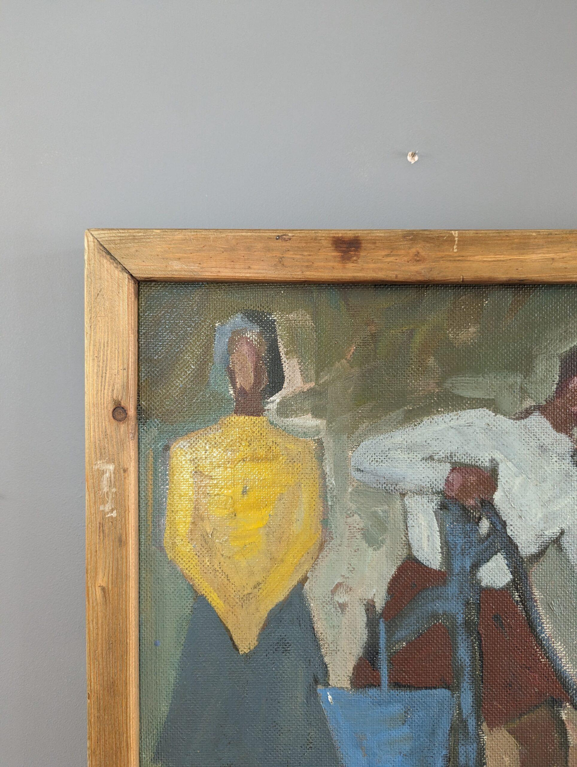 Pintura al óleo figurativa vintage de mediados de siglo - Junto a la bomba de agua 2