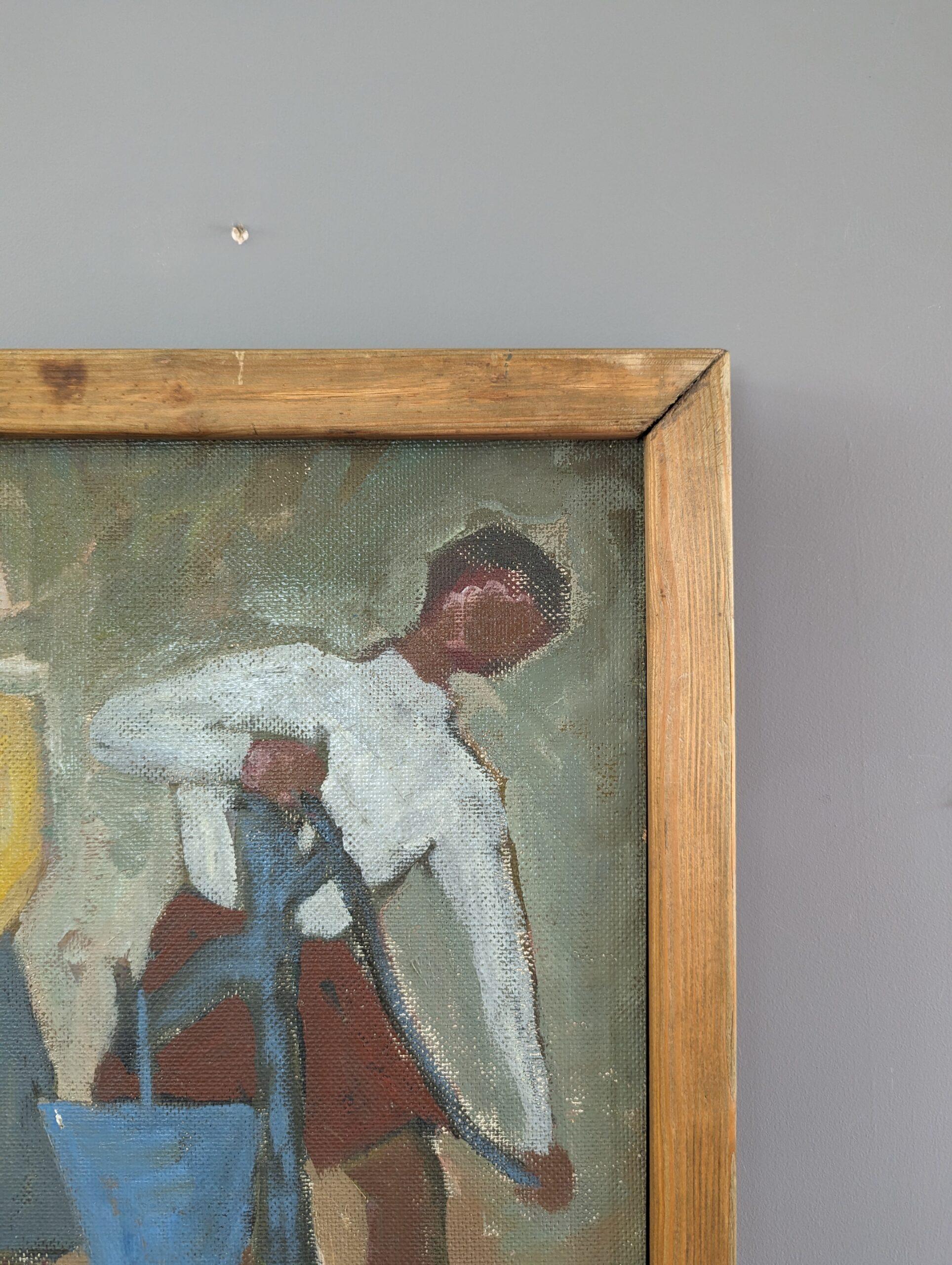 Pintura al óleo figurativa vintage de mediados de siglo - Junto a la bomba de agua 3