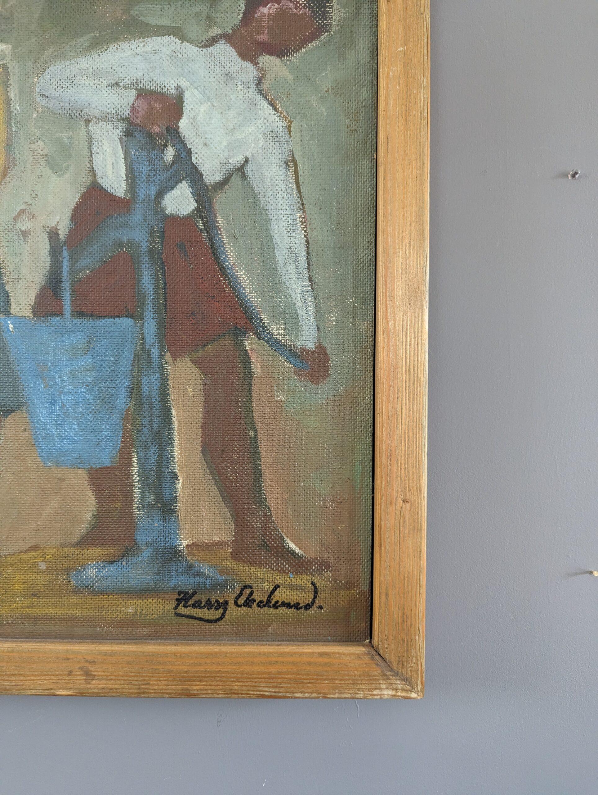 Pintura al óleo figurativa vintage de mediados de siglo - Junto a la bomba de agua 4