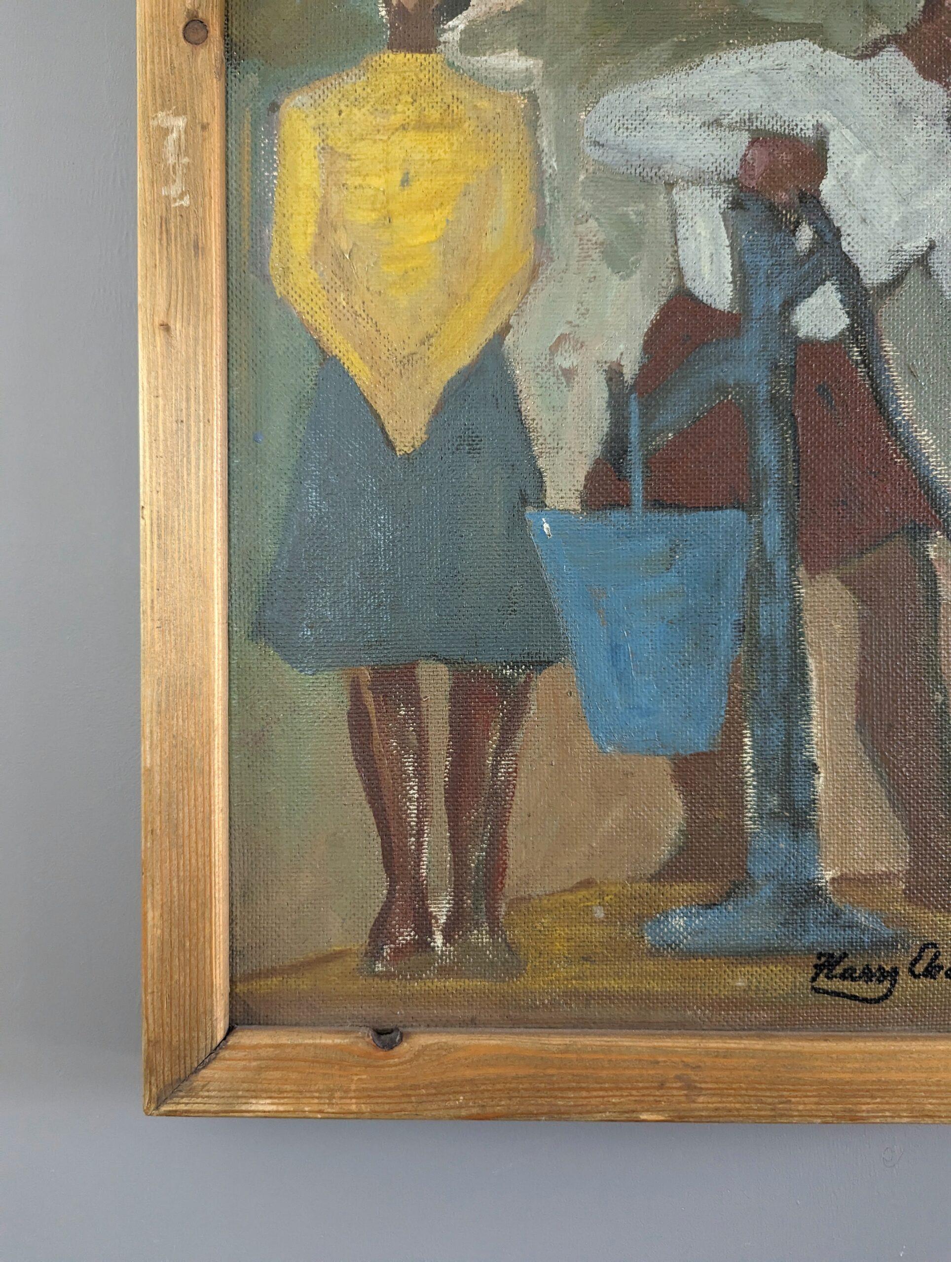 Pintura al óleo figurativa vintage de mediados de siglo - Junto a la bomba de agua 5