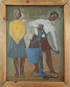Vintage Mid-Century Figurative Oil Painting - By the Water Pump