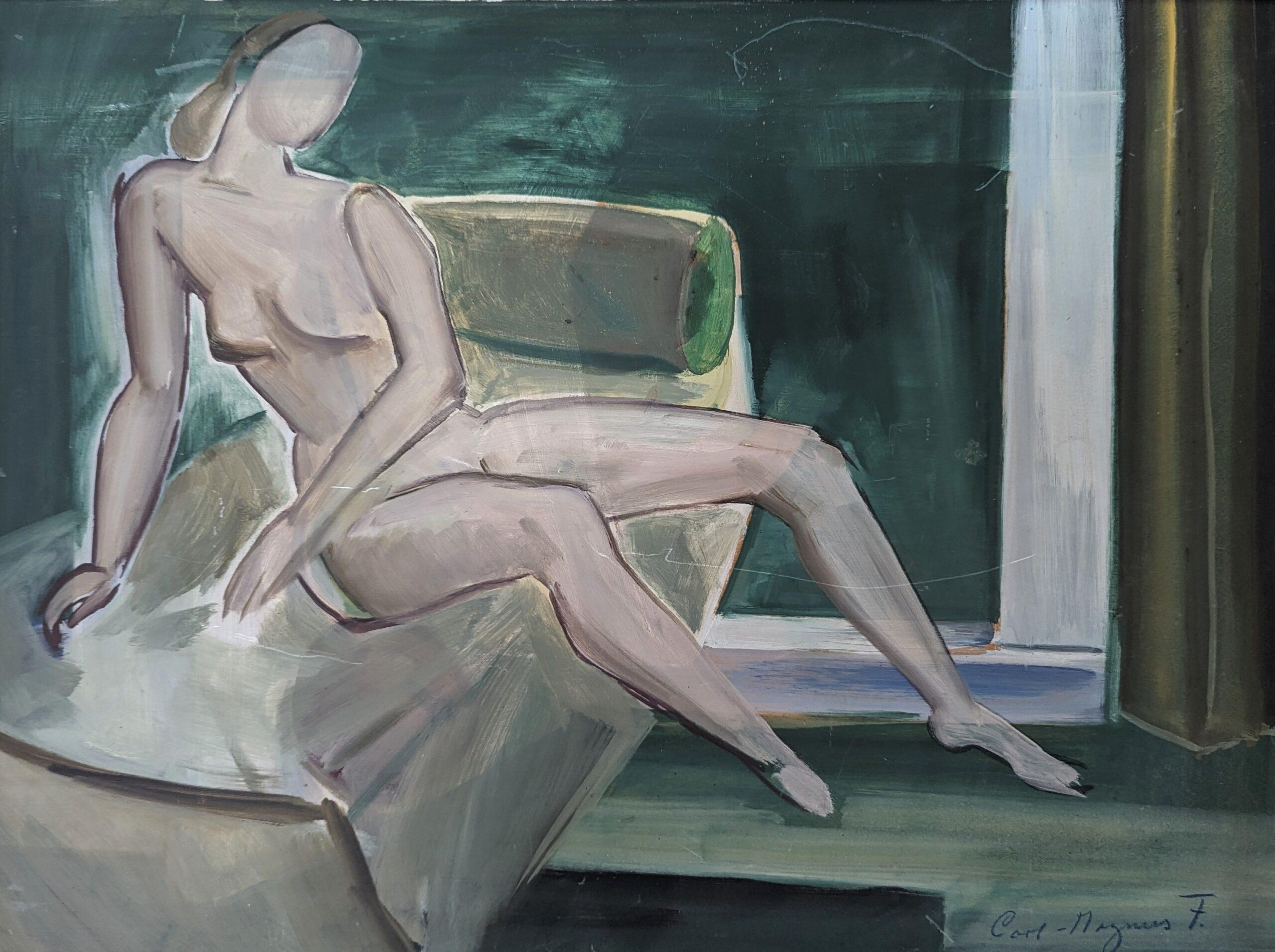Pittura ad olio figurativa d'epoca della metà del secolo scorso - Nudo su divano 5