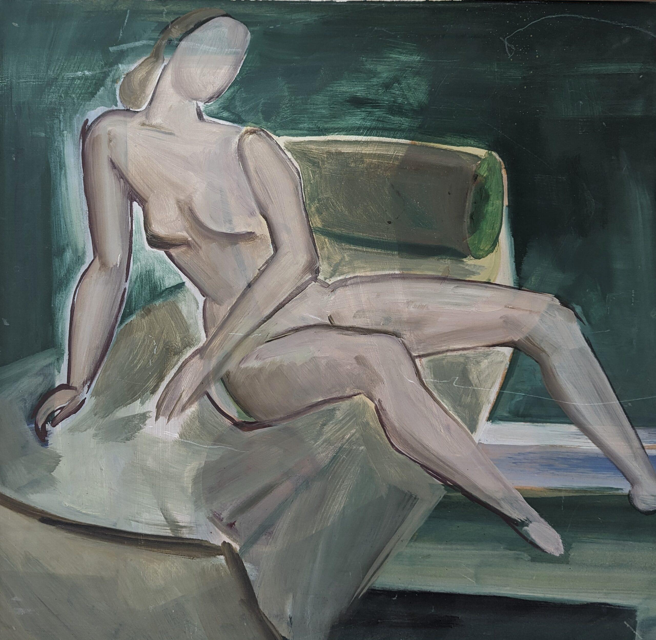Pittura ad olio figurativa d'epoca della metà del secolo scorso - Nudo su divano 6