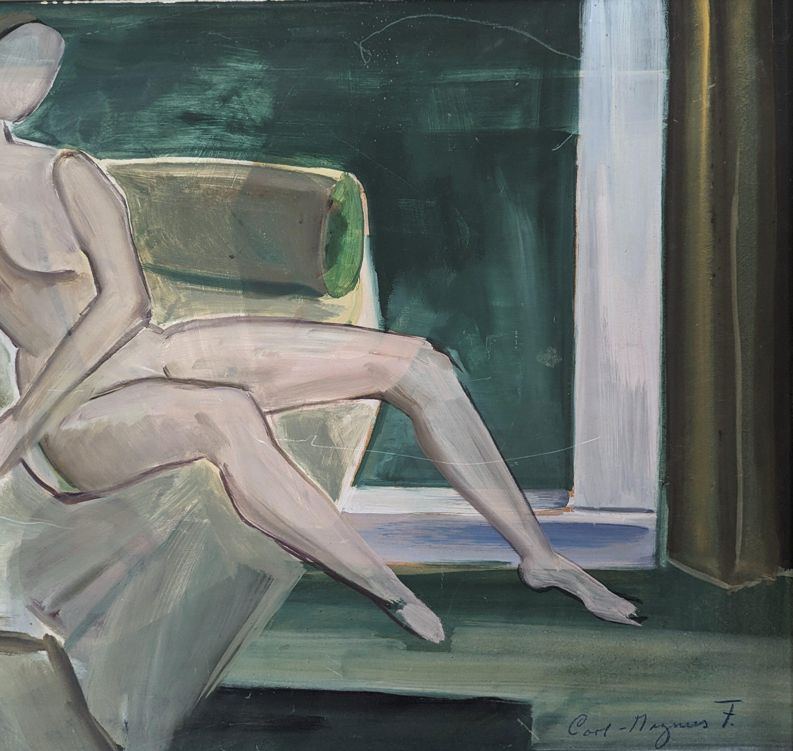 Pittura ad olio figurativa d'epoca della metà del secolo scorso - Nudo su divano 7