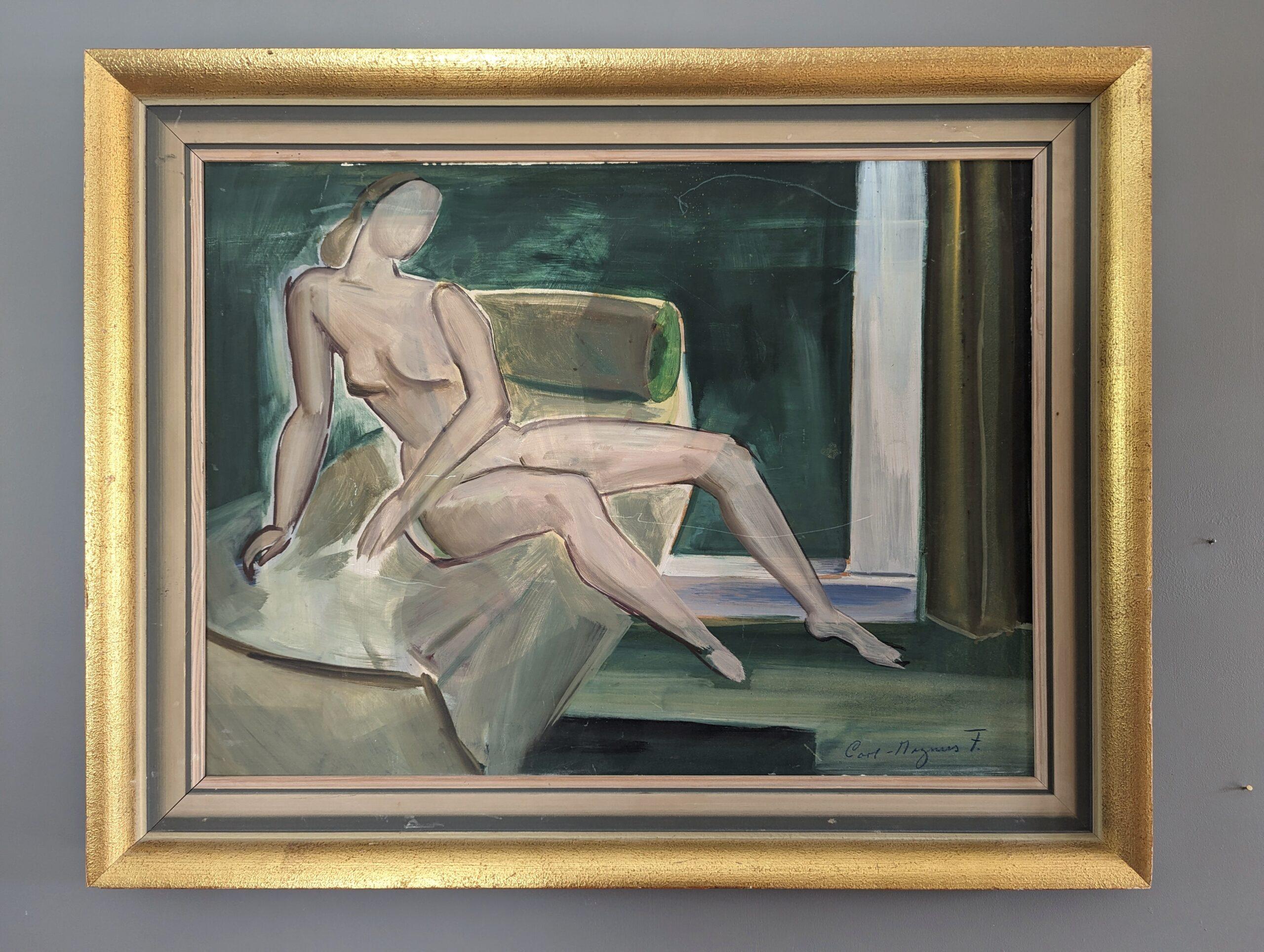 Pittura ad olio figurativa d'epoca della metà del secolo scorso - Nudo su divano - Painting di Unknown