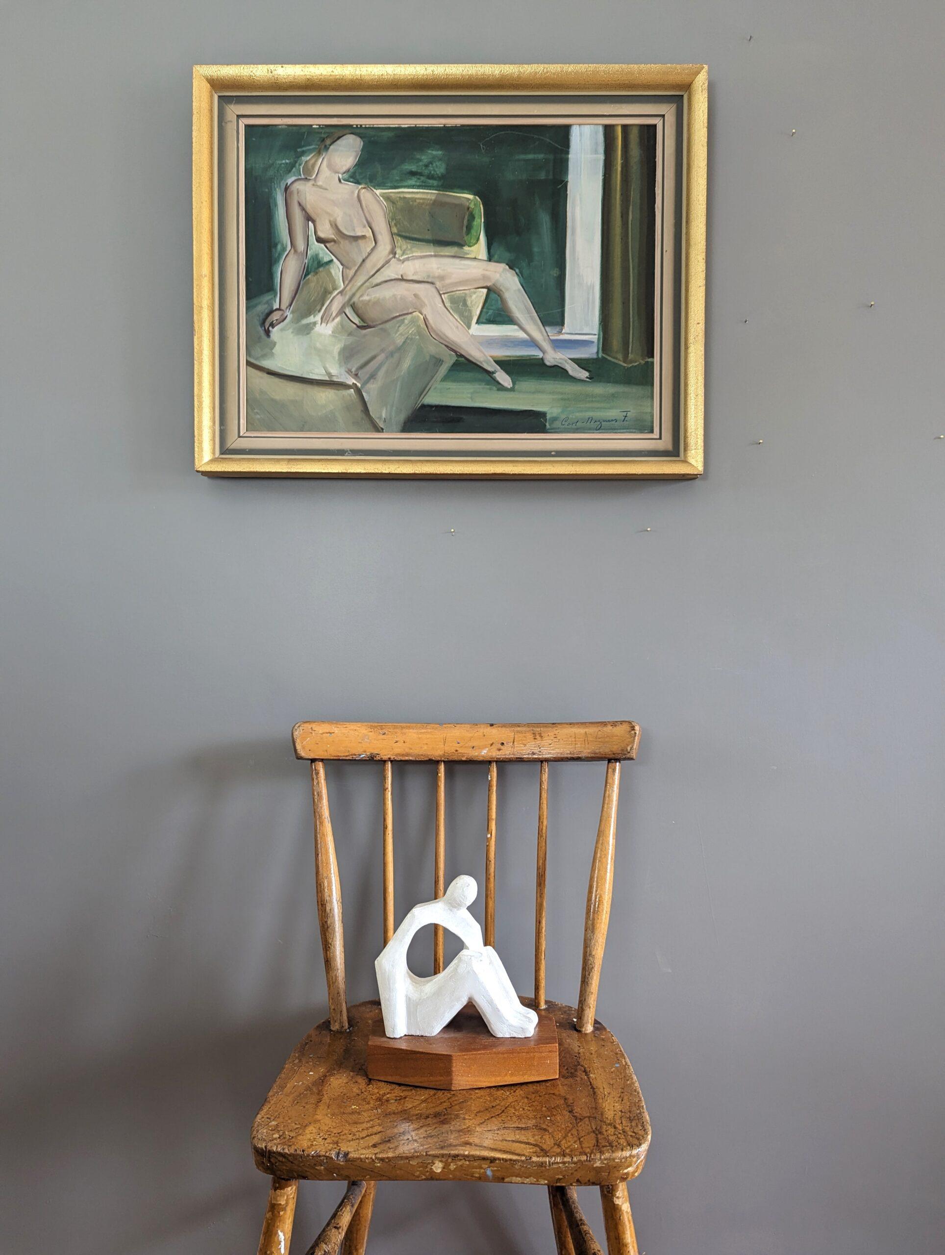 Pittura ad olio figurativa d'epoca della metà del secolo scorso - Nudo su divano - Painting Moderno di Unknown